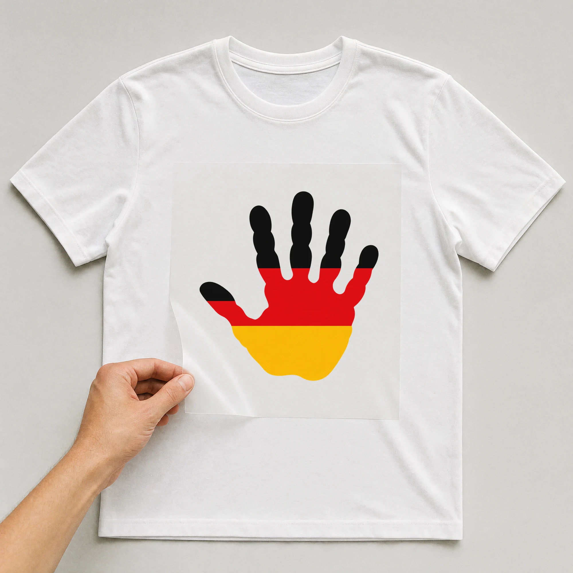 Bügelbild „Hand Deutschland“ auf weißem T-Shirt, Folie wird aufgelegt