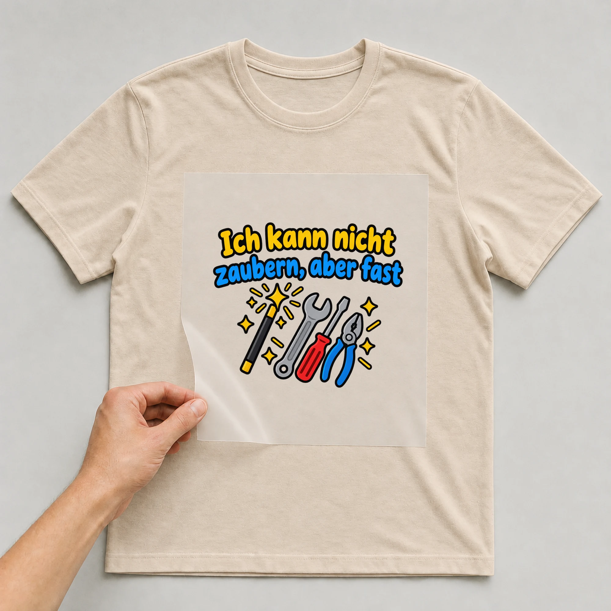 Bügelbild „Ich kann nicht zaubern, aber fast“ auf beigem T-Shirt, Folie wird aufgelegt