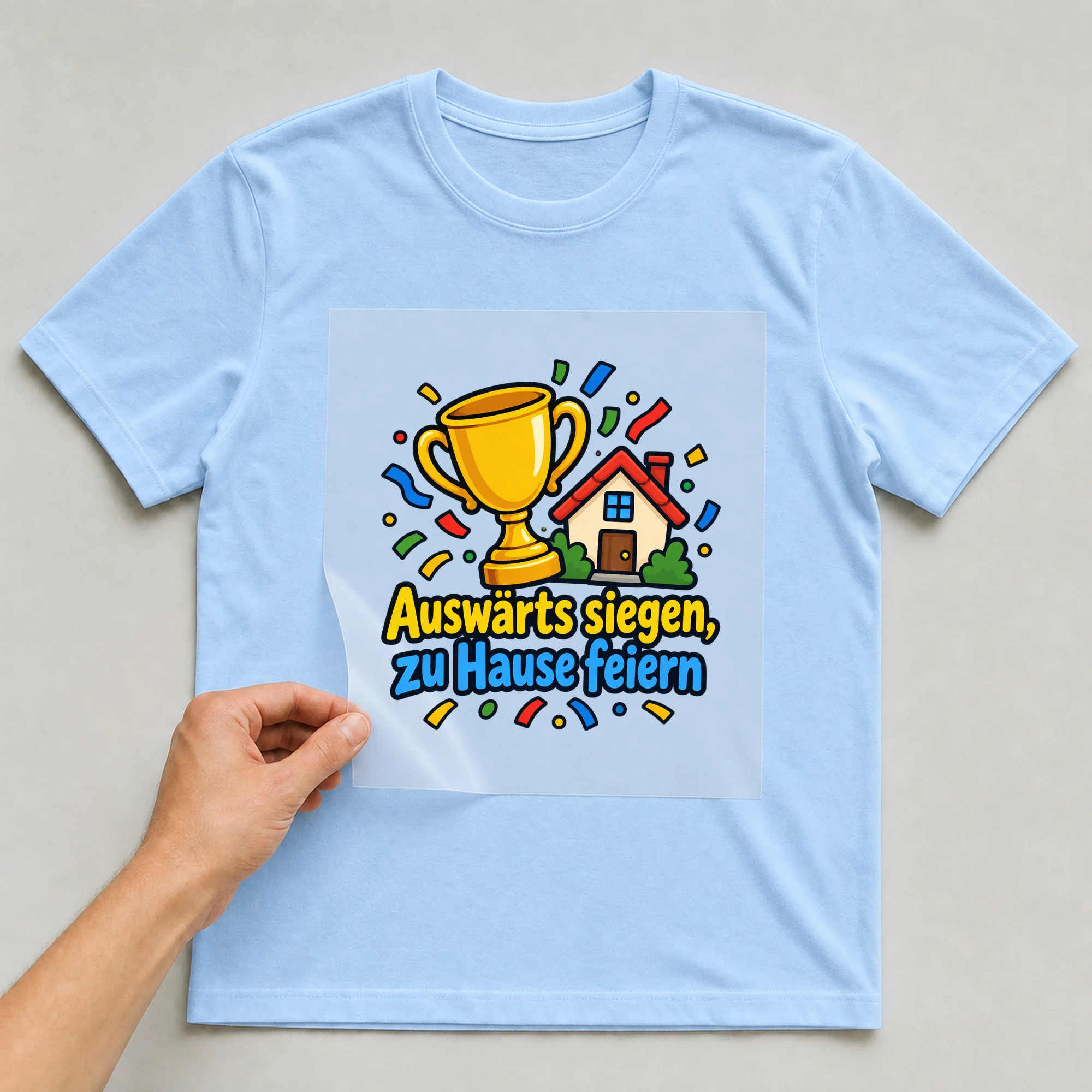 Bügelbild „Auswärts siegen, zu Hause feiern“ auf babyblauem T-Shirt, Folie wird aufgelegt