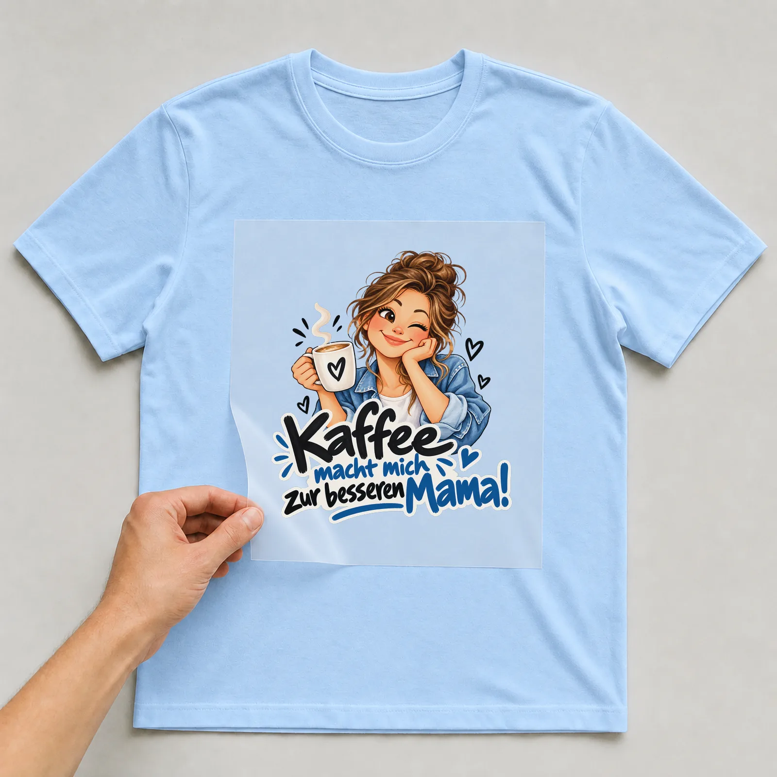 Bügelbild „Kaffee macht mich zur besseren Mama!“ auf hellblauem T-Shirt, Folie wird aufgelegt