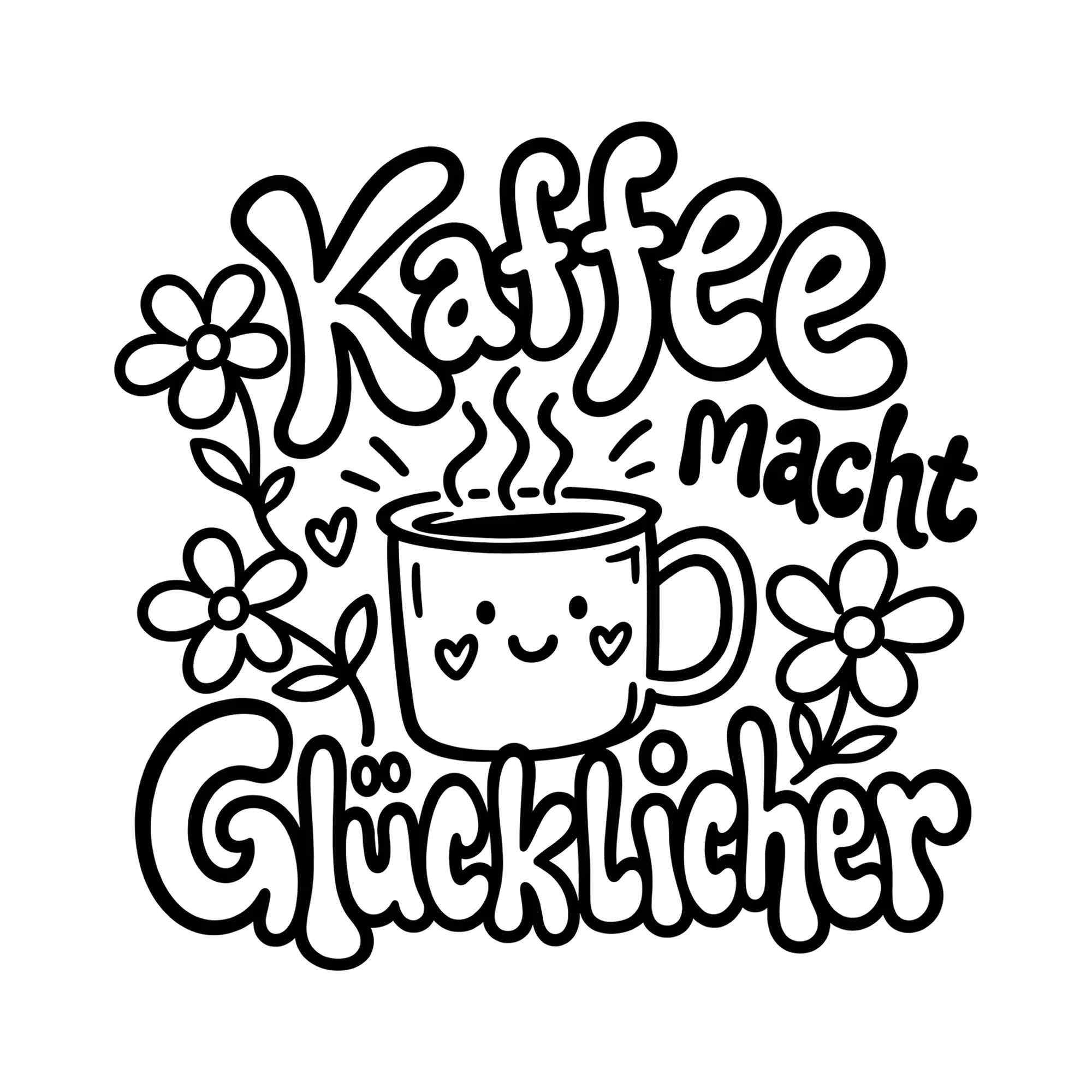 Bügelbild Kaffee macht glücklicher als Grafik auf weißem Hintergrund (BB012087)