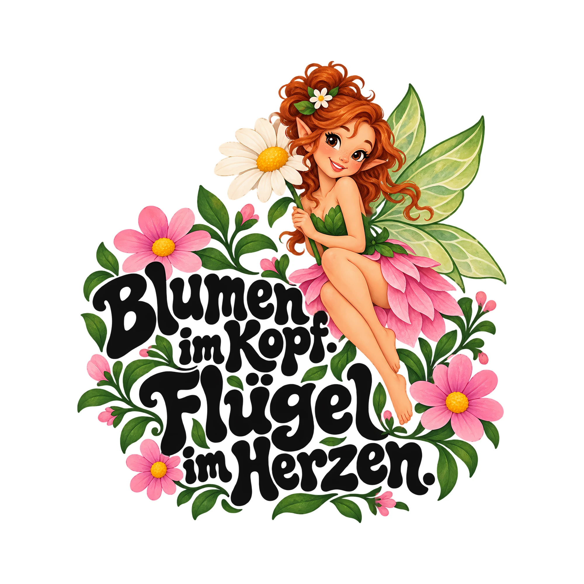 Bügelbild Blumen im Kopf. Flügel im Herzen. als Grafik auf weißem Hintergrund (BB013243)