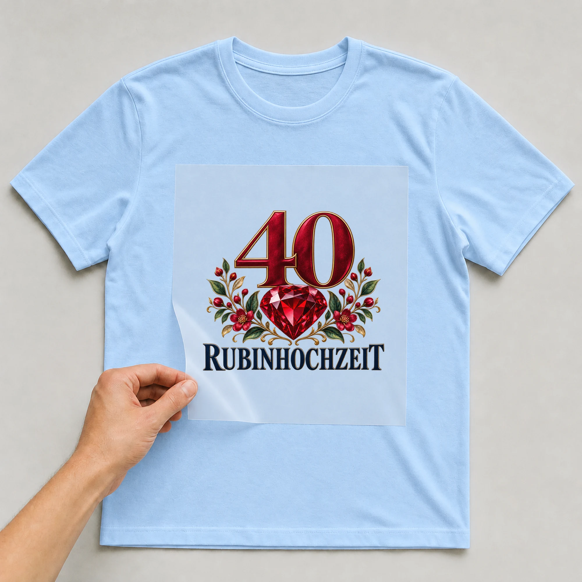 Bügelbild „40 Rubinhochzeit“ auf babyblauem T-Shirt, Folie wird aufgelegt