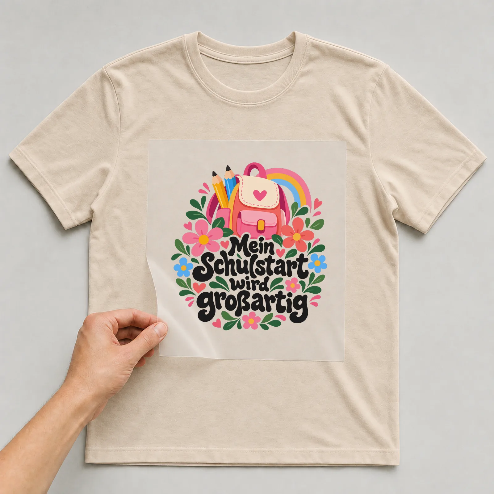 Bügelbild „Mein Schulstart wird großartig“ auf beigem T-Shirt, Folie wird aufgelegt