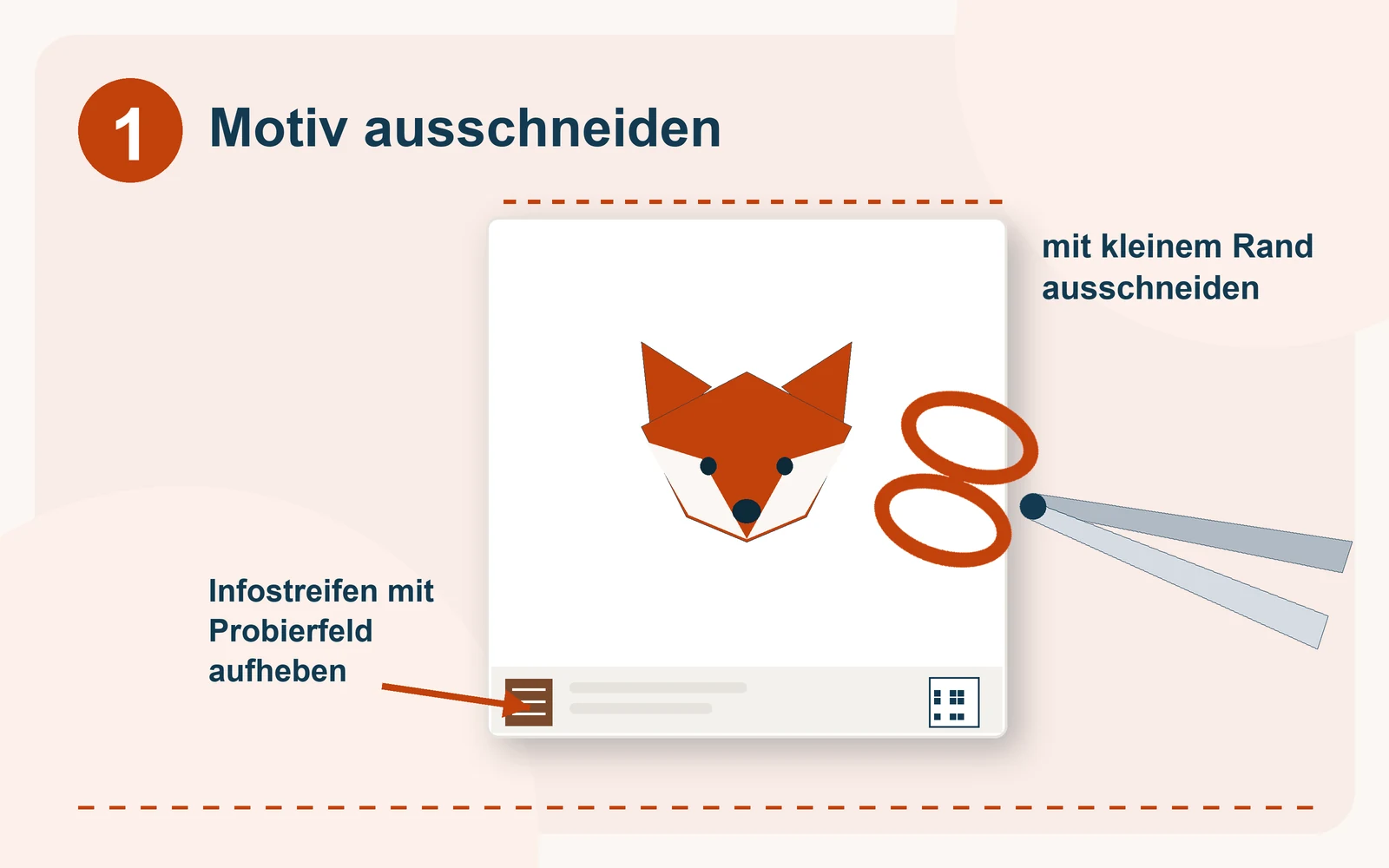 Ein gedruckter Bügelbild-Bogen mit Fuchsmotiv und Infostreifen unten, eine Schere schneidet das Motiv mit kleinem Rand aus. Der Infostreifen mit Probierfeld und QR-Code wird aufgehoben.