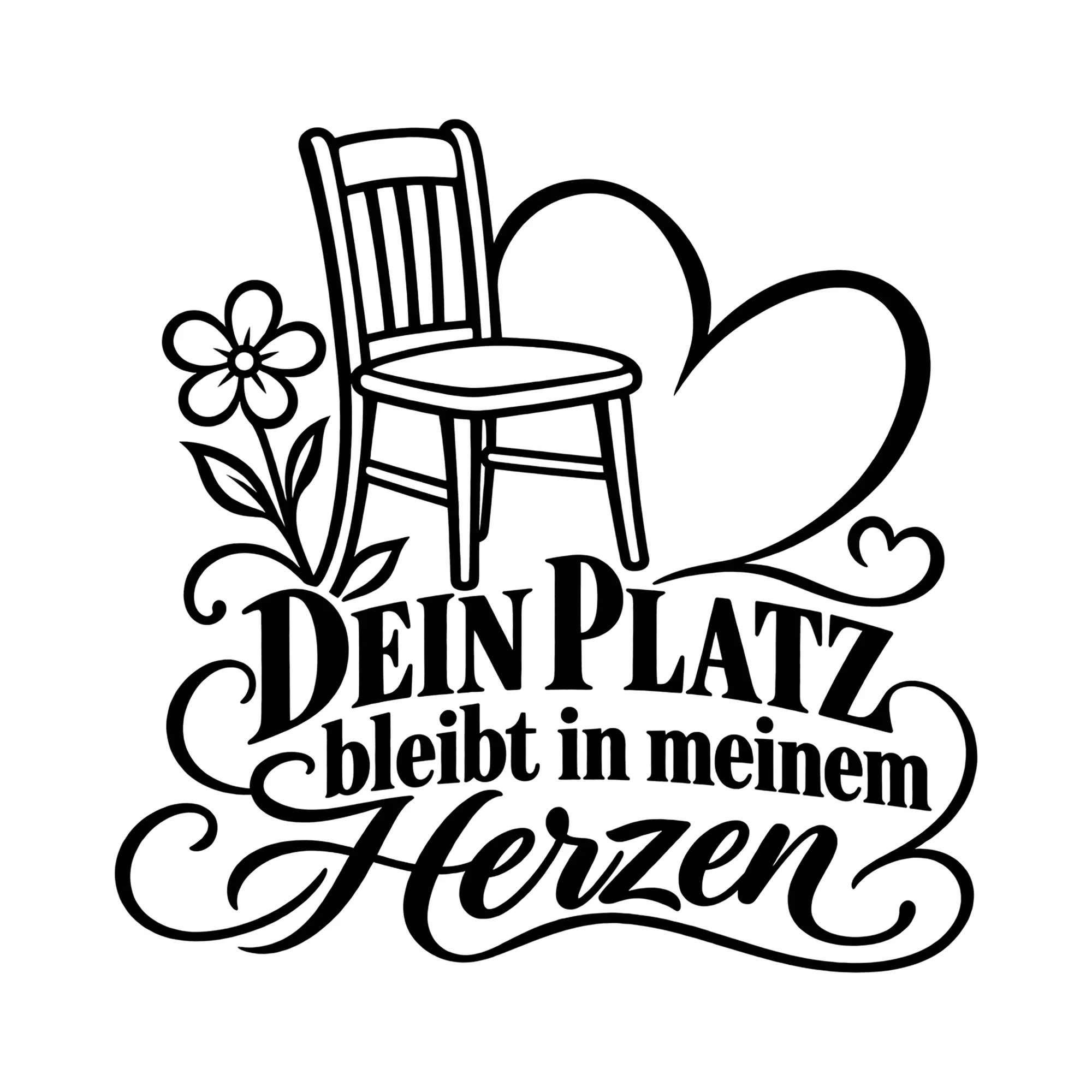 Bügelbild „Dein Platz bleibt in meinem Herzen“, Familienshirt Spruch als Grafik auf weißem Hintergrund (BB013492)