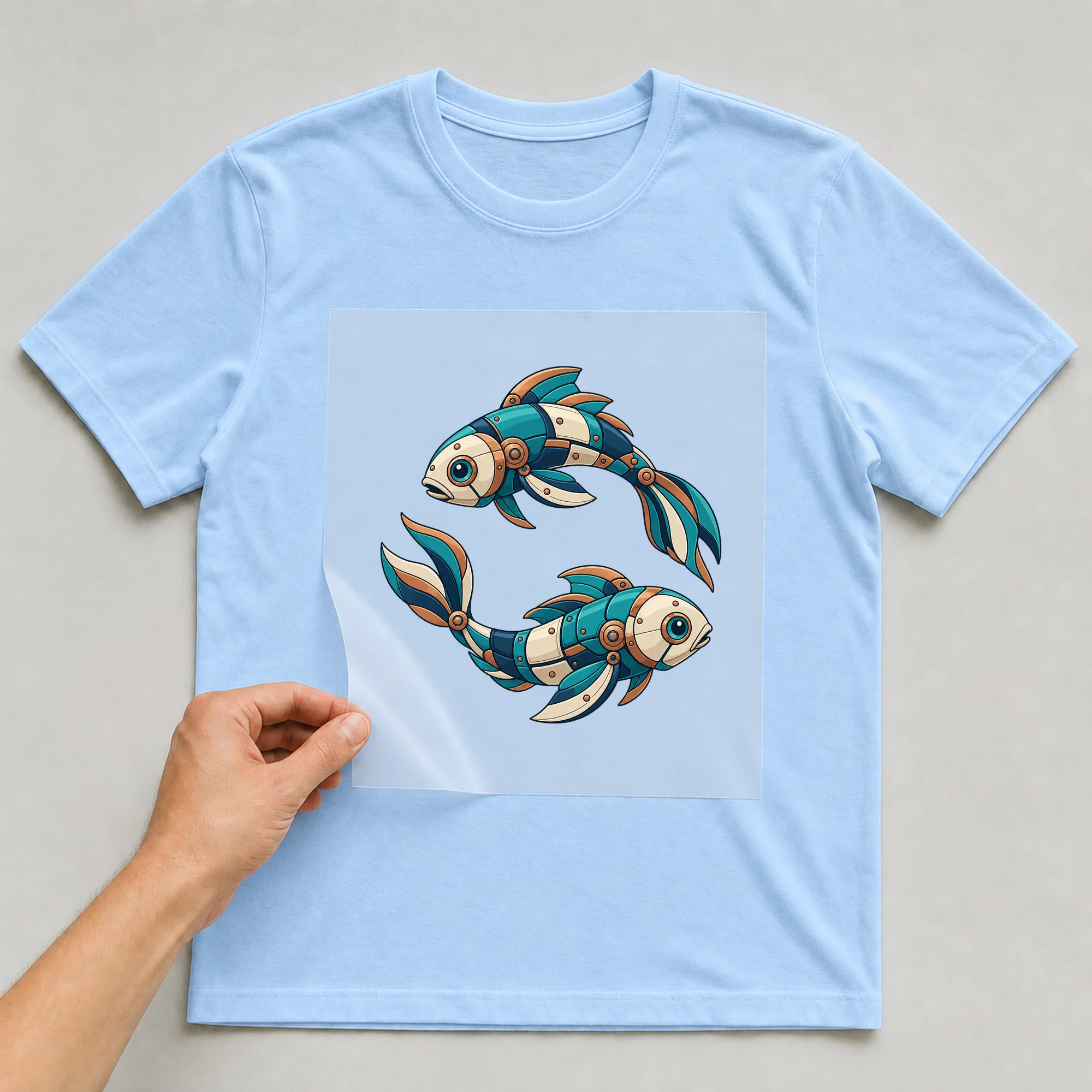 Bügelbild „Mecha Roboter Sternzeichen Fische“ auf babyblauem T-Shirt, Folie wird aufgelegt