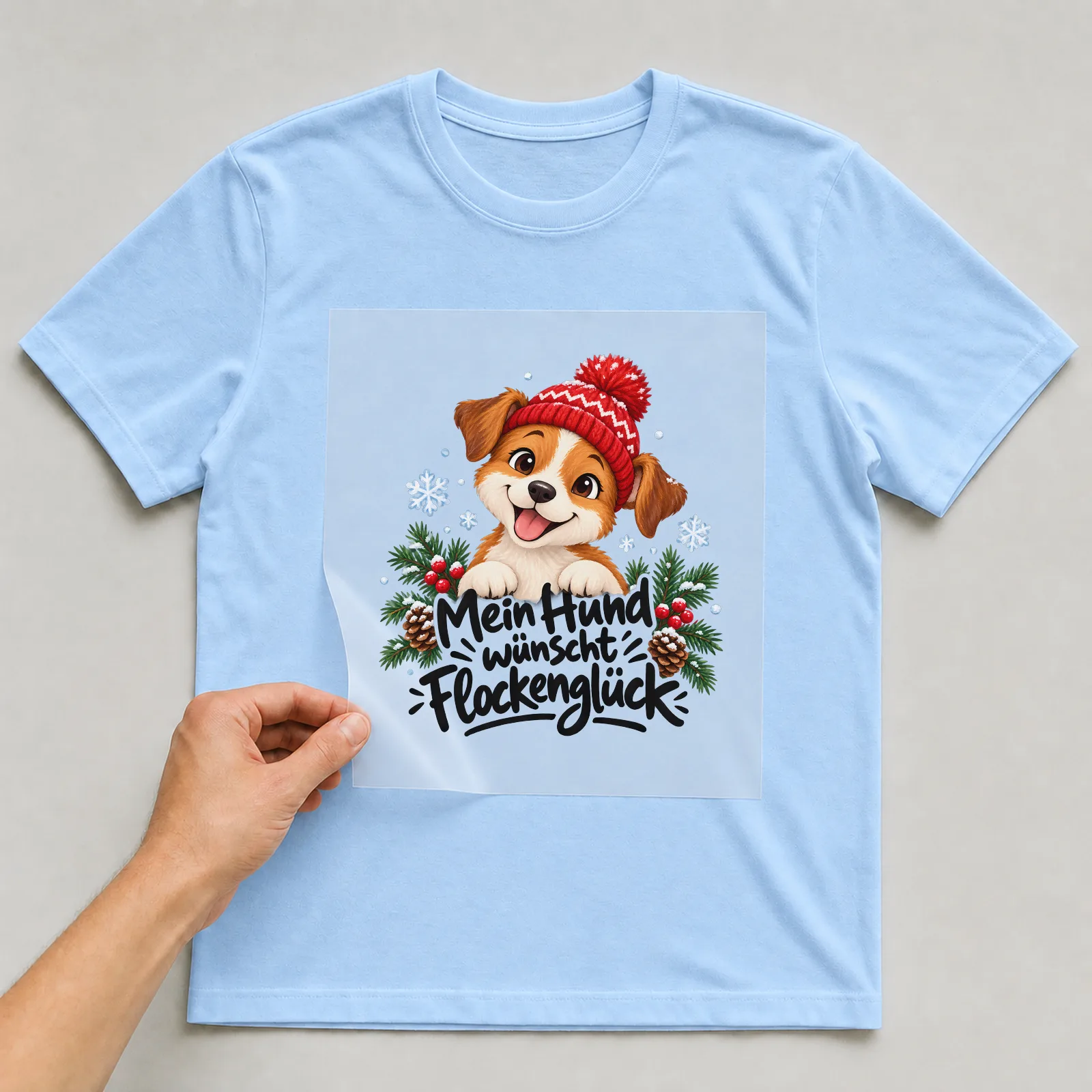 Bügelbild „Mein Hund wünscht Flockenglück“ auf hellblauem T-Shirt, Folie wird aufgelegt