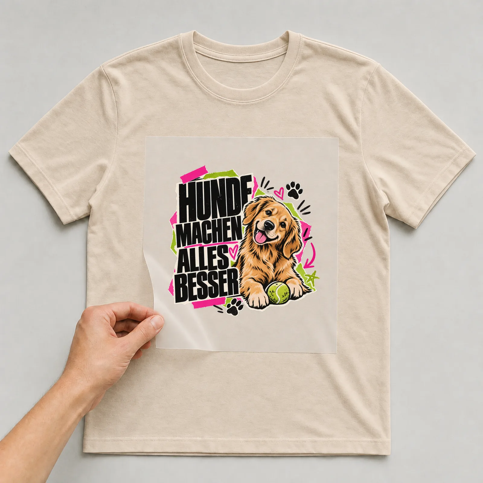 Bügelbild „Hunde machen alles besser“ auf beigem T-Shirt, Folie wird aufgelegt