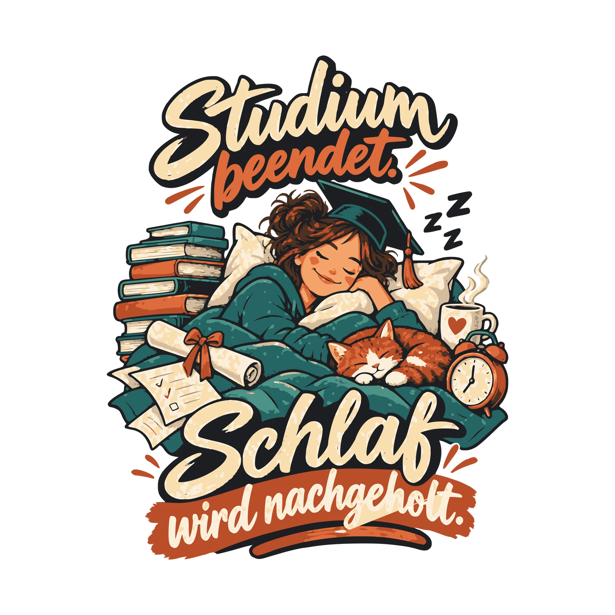 Bügelbild Studium beendet. Schlaf wird nachgeholt. als Grafik auf weißem Hintergrund (BB011246)