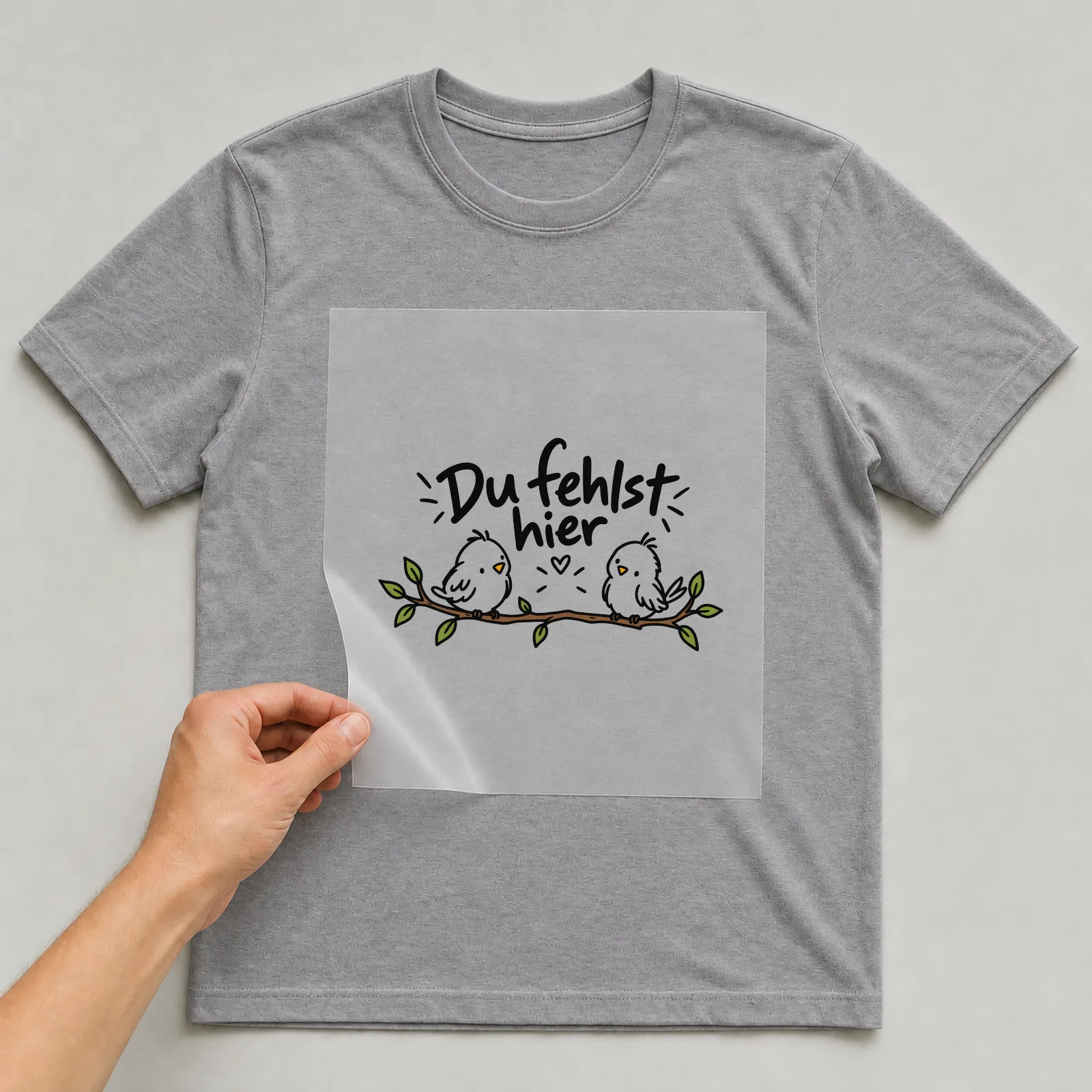 Bügelbild „Du fehlst hier“ auf grauem T-Shirt, Folie wird aufgelegt