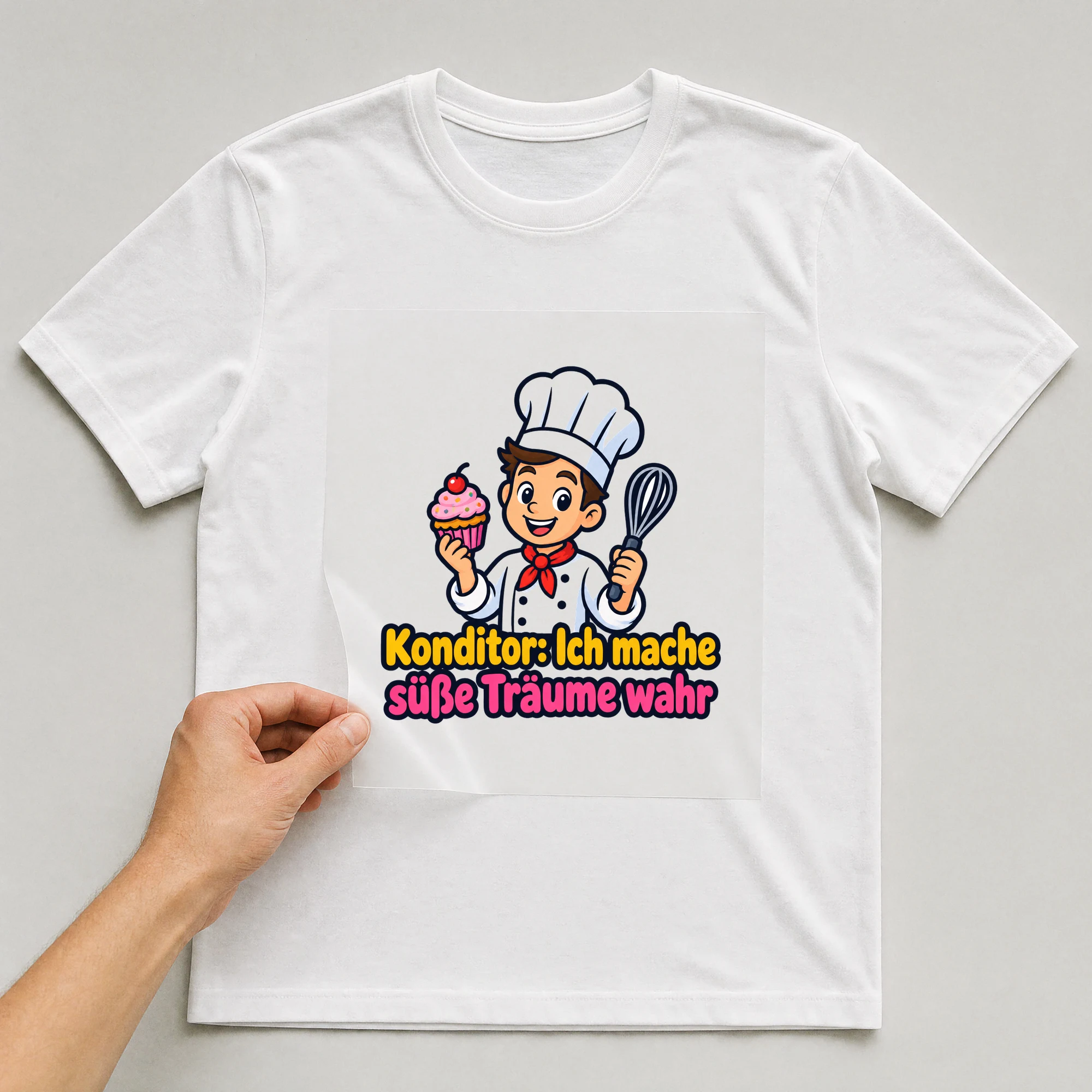 Bügelbild „Konditor: Ich mache süße Träume wahr“ auf weißem T-Shirt, Folie wird aufgelegt