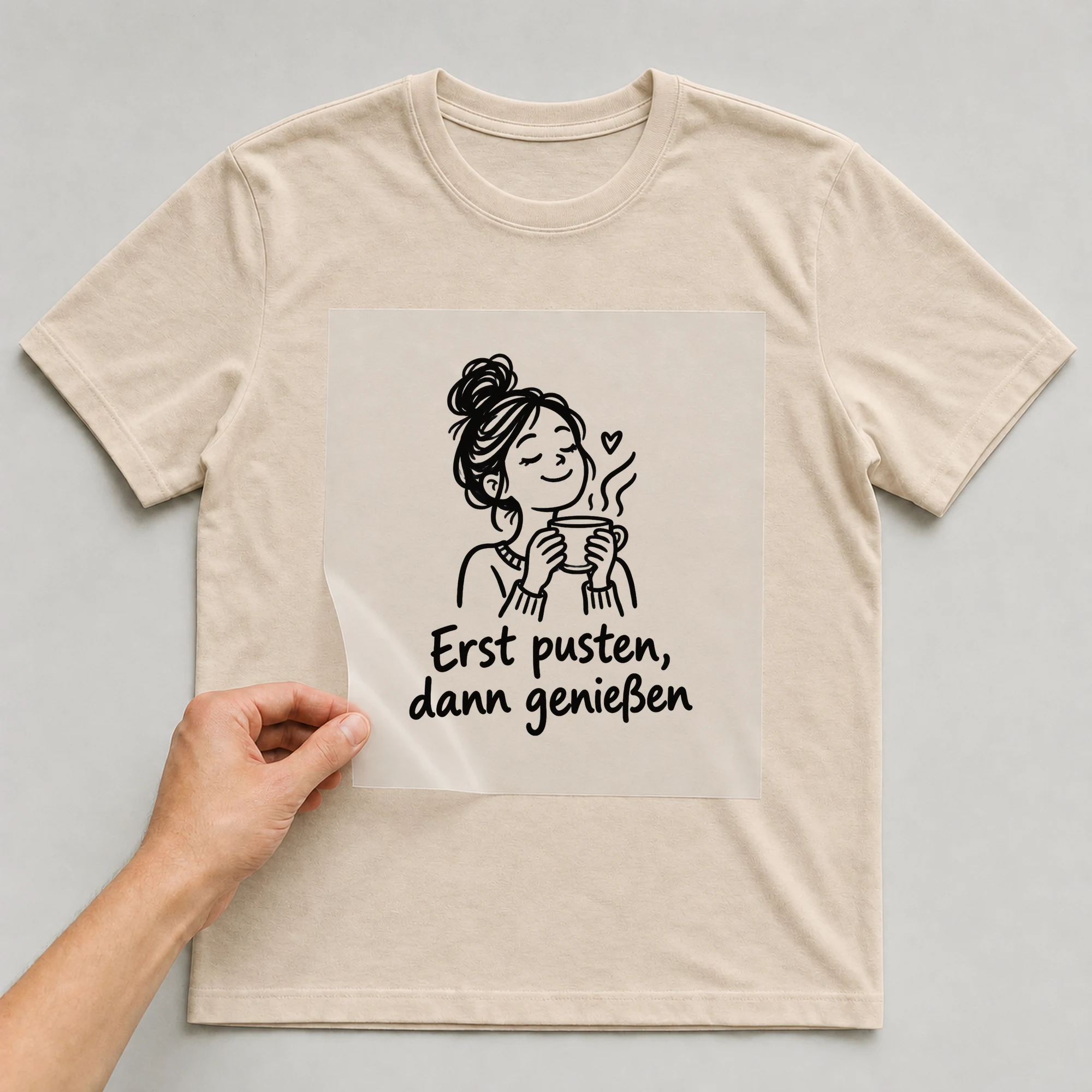 Bügelbild „Erst pusten, dann genießen“ auf beigem T-Shirt, Folie wird aufgelegt