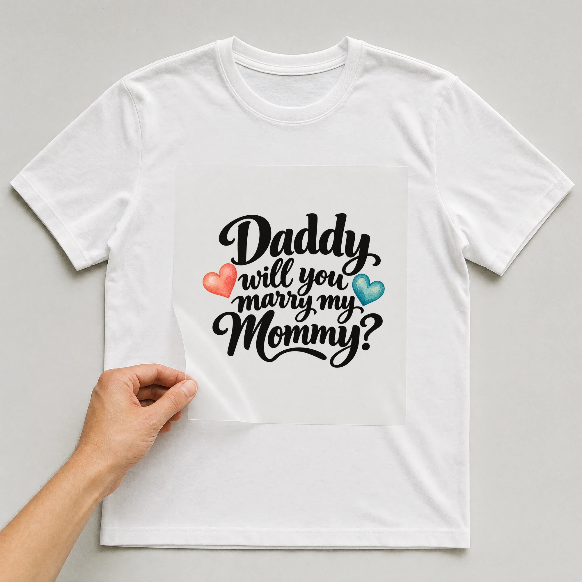 Bügelbild „Daddy will you marry my Mommy?“ auf weißem T-Shirt, Folie wird aufgelegt