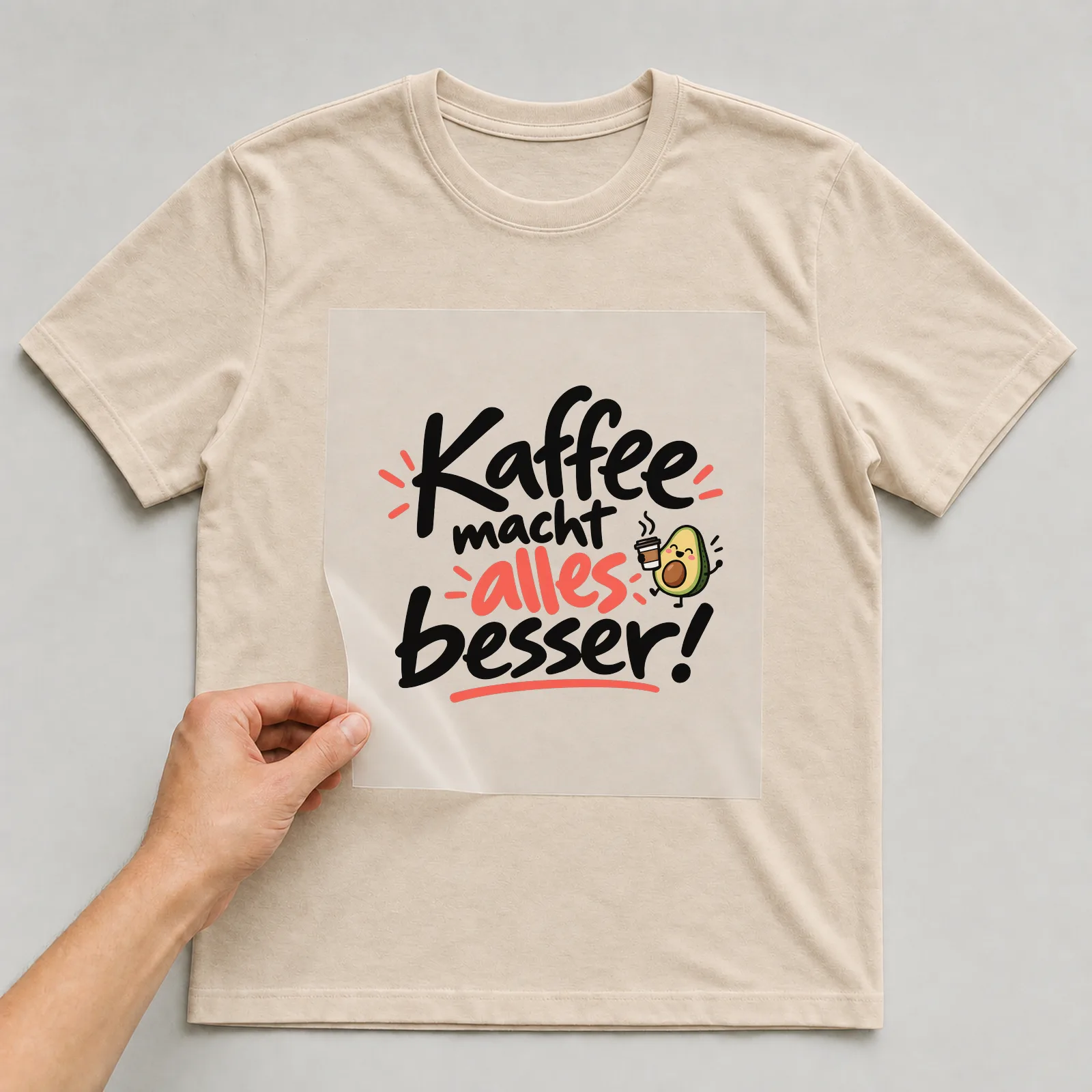 Bügelbild „Kaffee macht alles besser!“ auf beigem T-Shirt, Folie wird aufgelegt