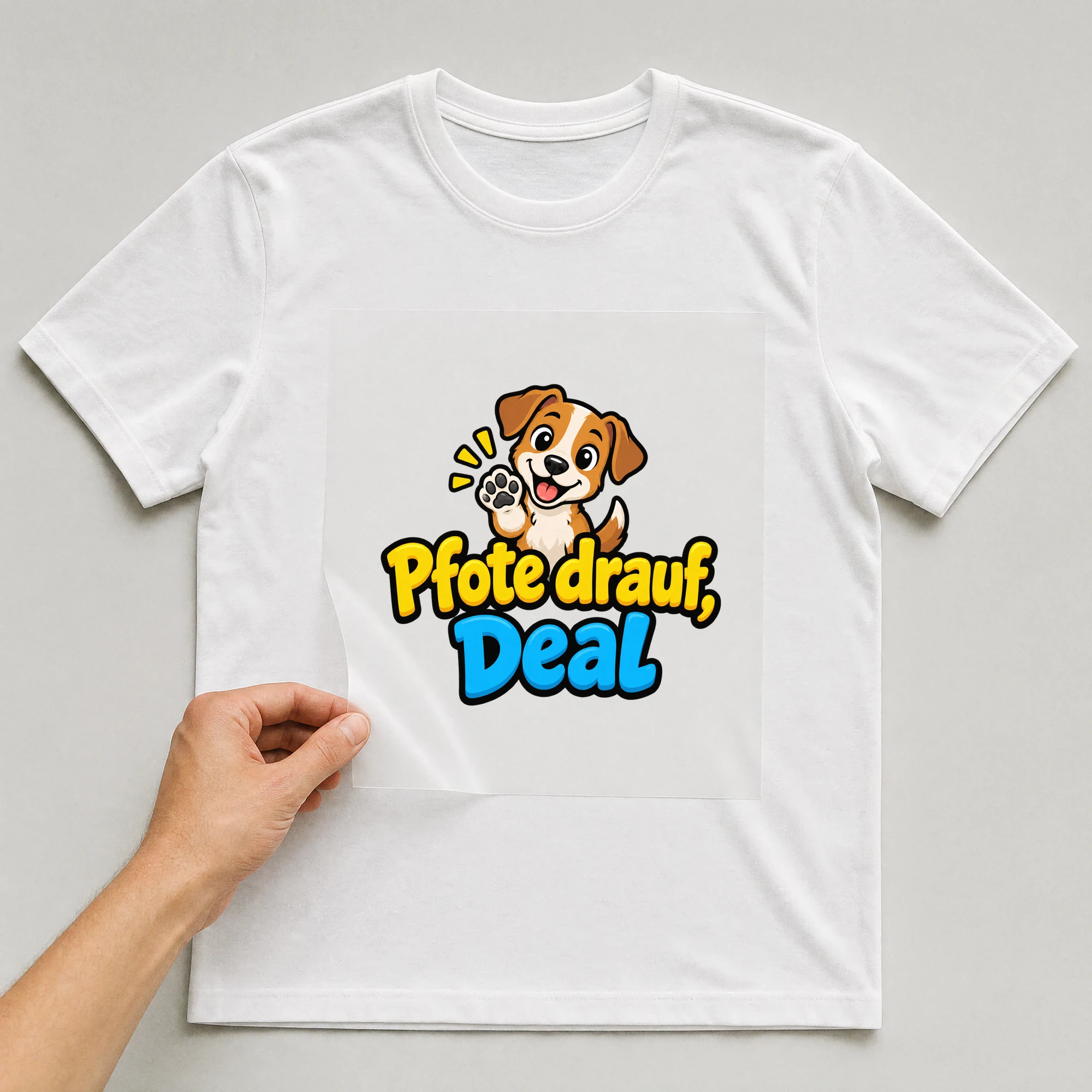 Bügelbild „Pfote drauf, Deal“ auf weißem T-Shirt, Folie wird aufgelegt