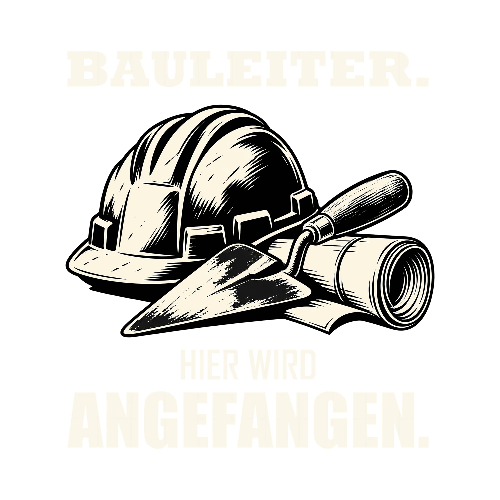 Bügelbild BAULEITER. HIER WIRD ANGEFANGEN. als Grafik auf weißem Hintergrund (BB011510)