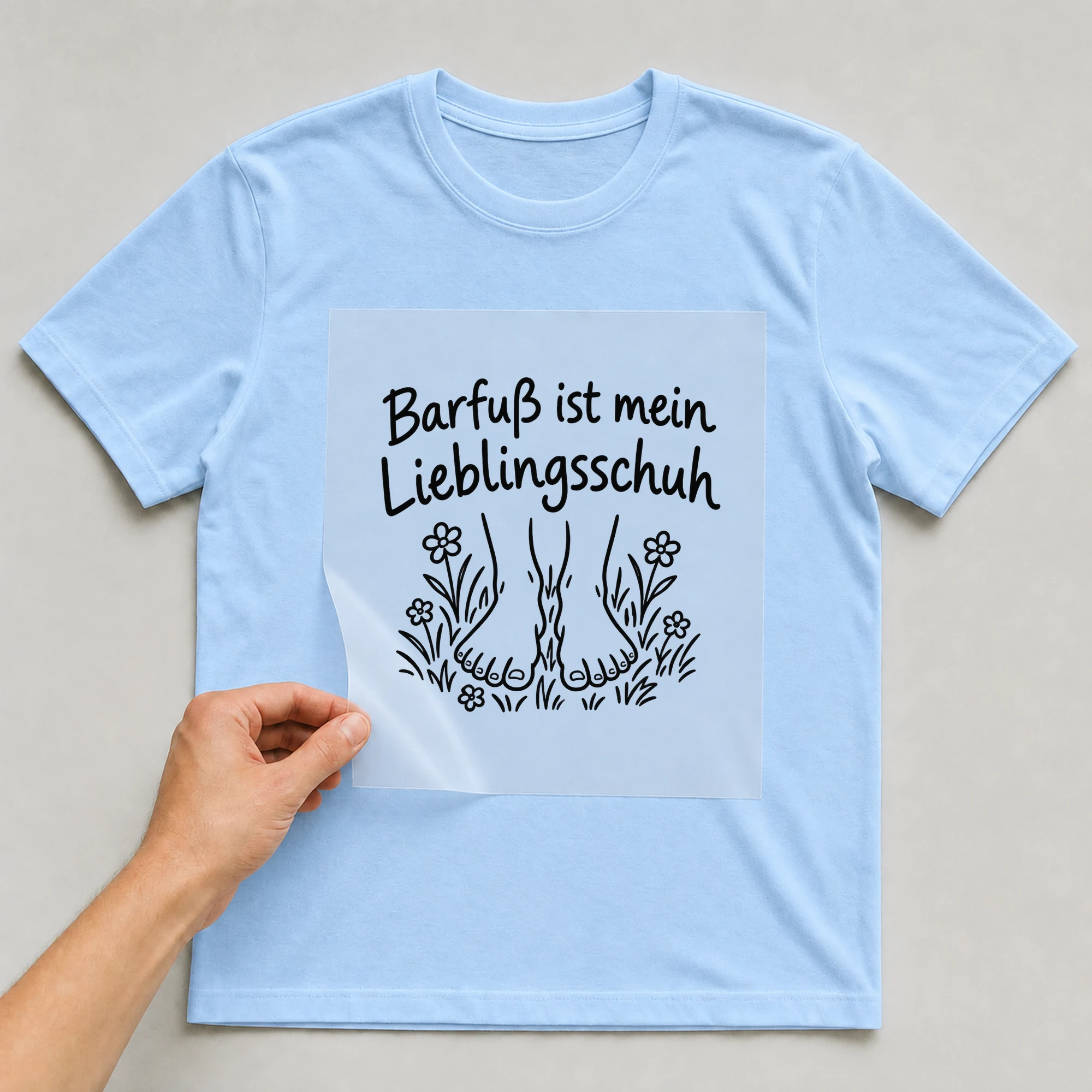 Bügelbild „Barfuß ist mein Lieblingsschuh“ auf babyblauem T-Shirt, Folie wird aufgelegt