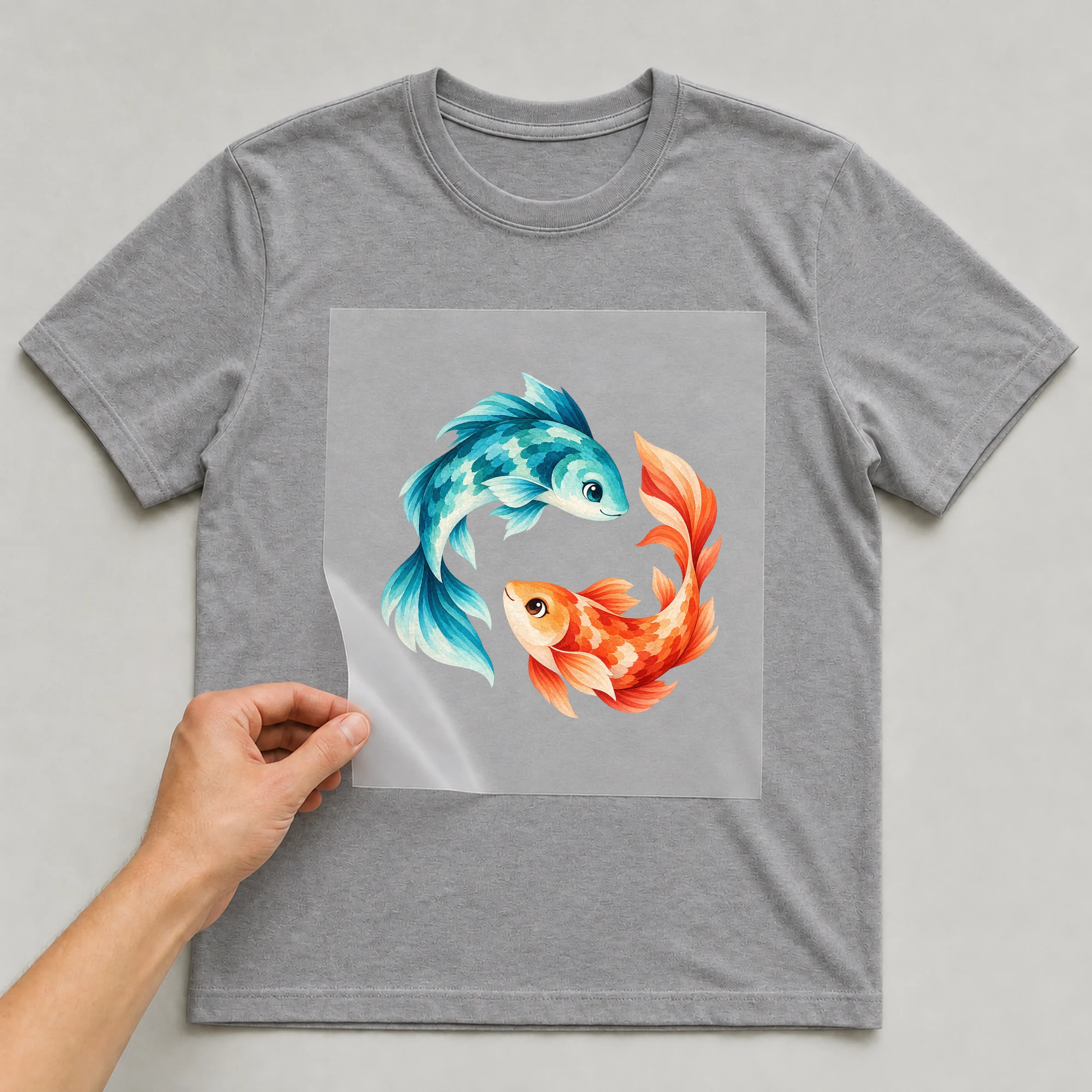 Bügelbild „Kritzel Stil Sternzeichen Fische“ auf grauem T-Shirt, Folie wird aufgelegt