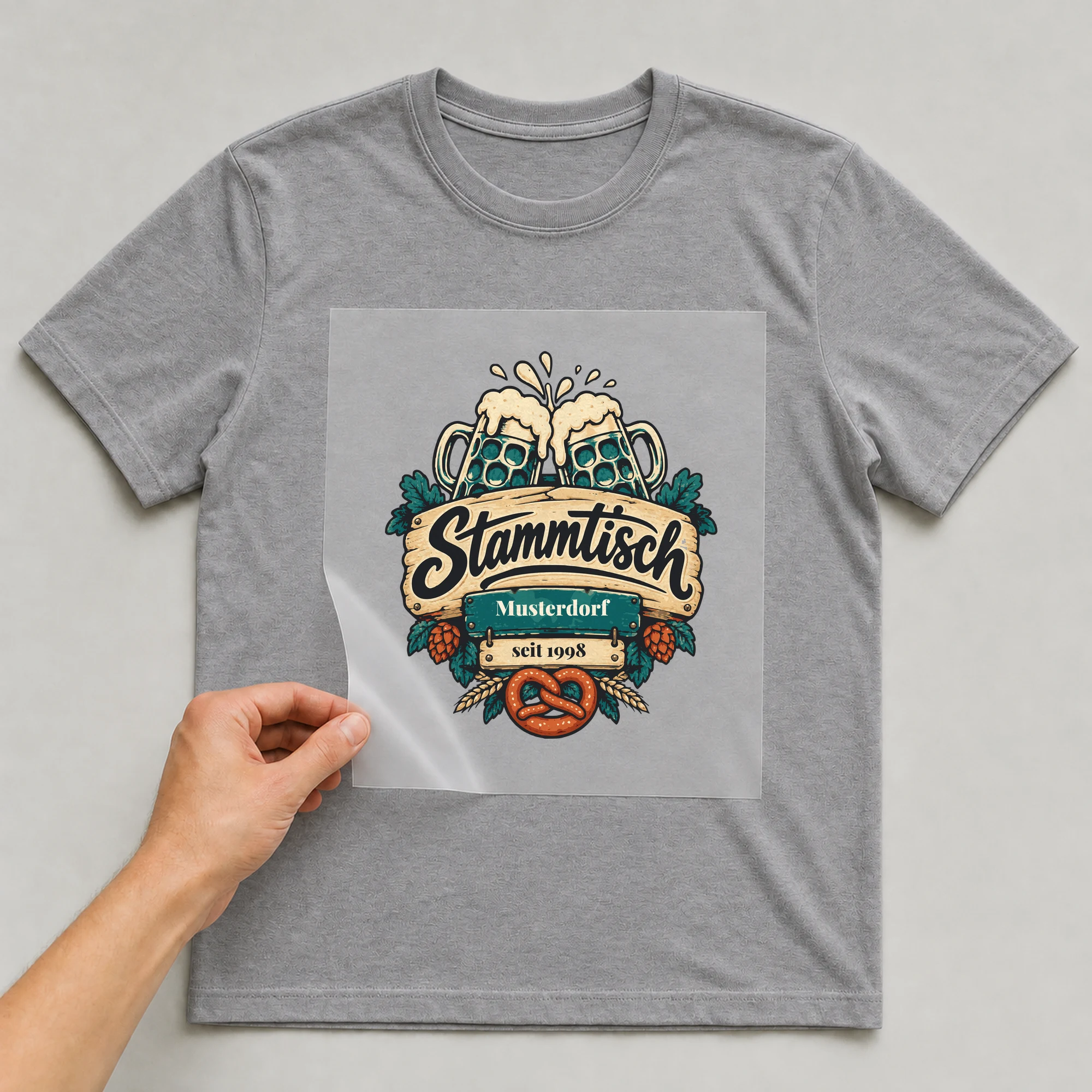Bügelbild Stammtisch mit Ort und Jahr auf grauem T-Shirt, Folie wird aufgelegt