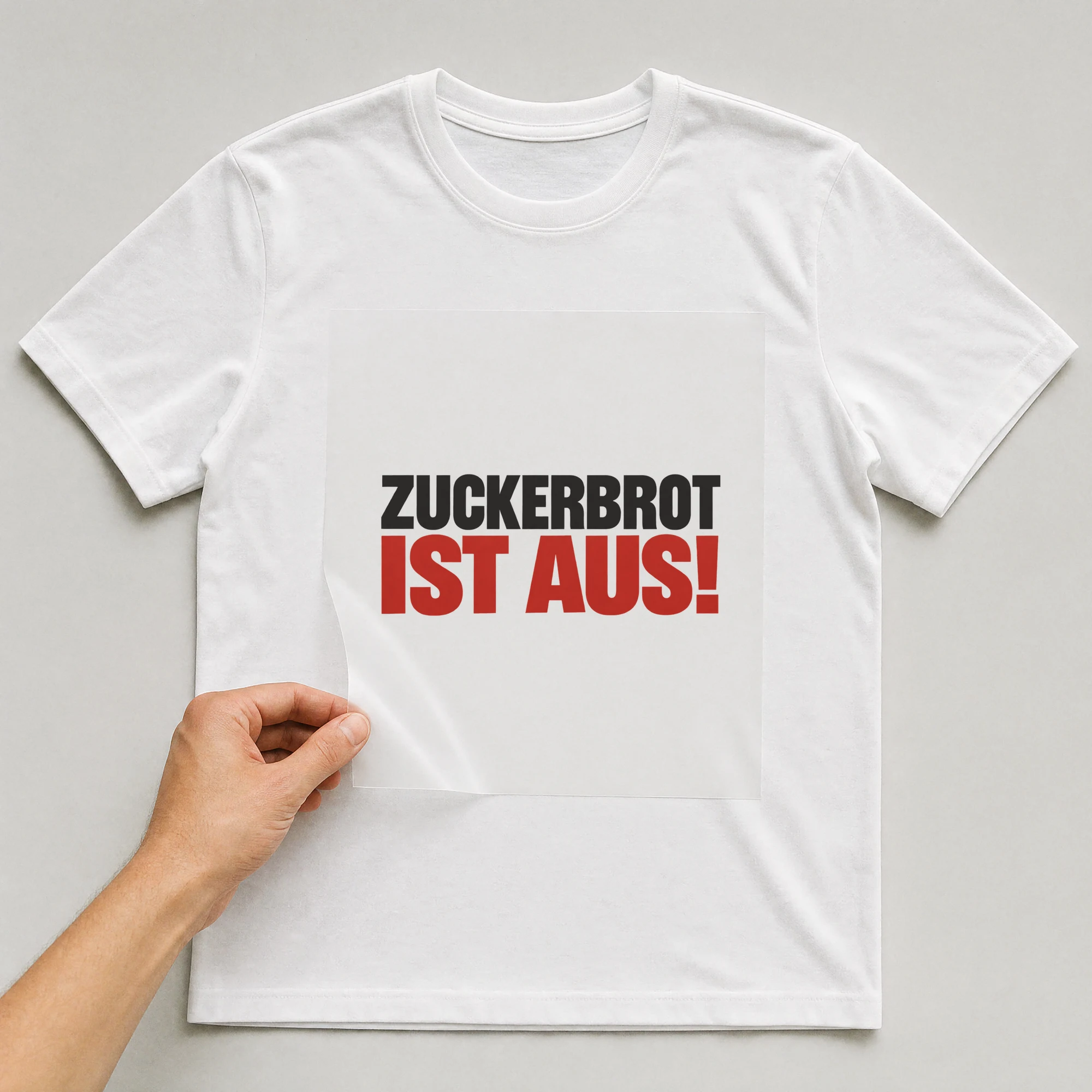 Bügelbild „Zuckerbrot ist aus!“ auf weißem T-Shirt, Folie wird aufgelegt