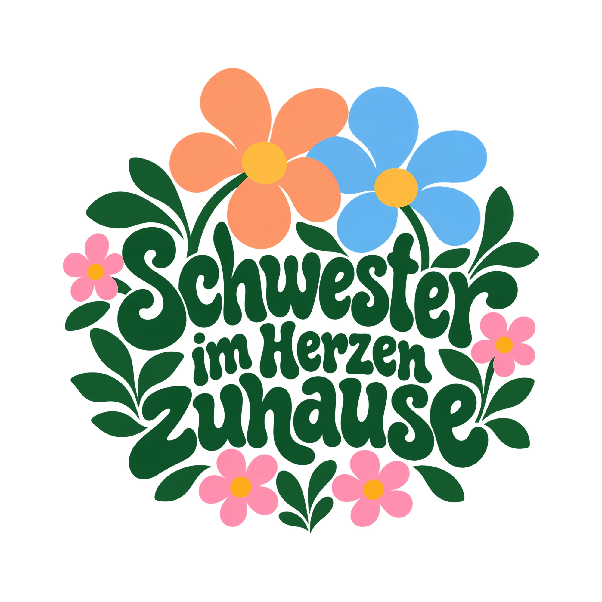 Bügelbild Schwester im Herzen zuhause als Grafik auf weißem Hintergrund (BB013437)