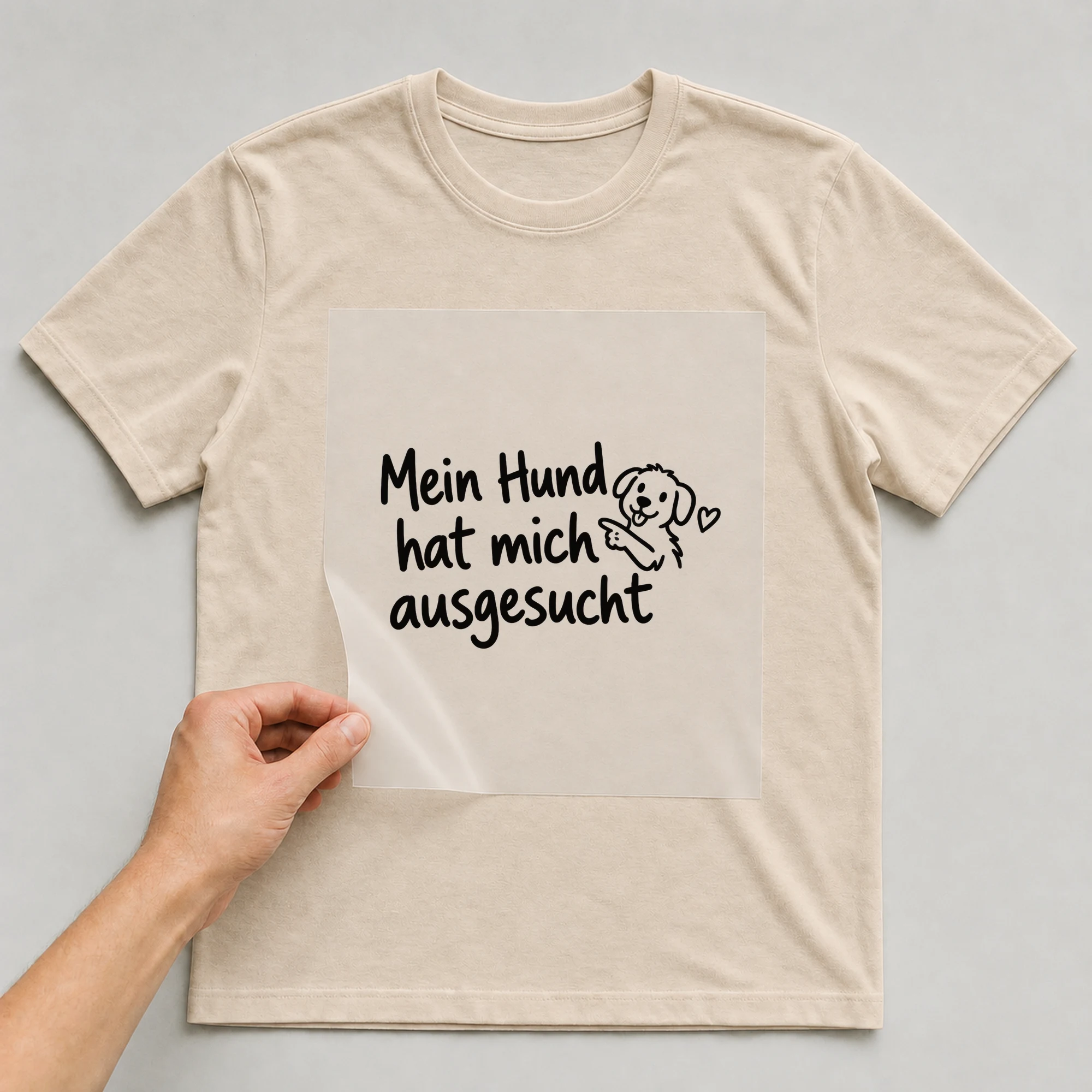 Bügelbild „Mein Hund hat mich ausgesucht“ auf beigem T-Shirt, Folie wird aufgelegt