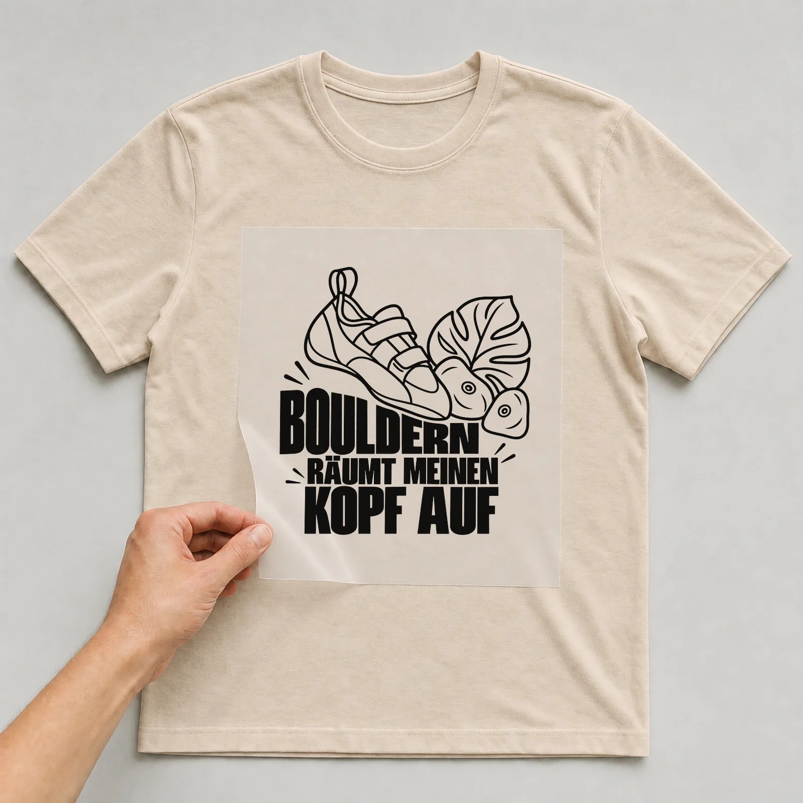 Bügelbild „Bouldern räumt meinen Kopf auf“ auf beigem T-Shirt, Folie wird aufgelegt