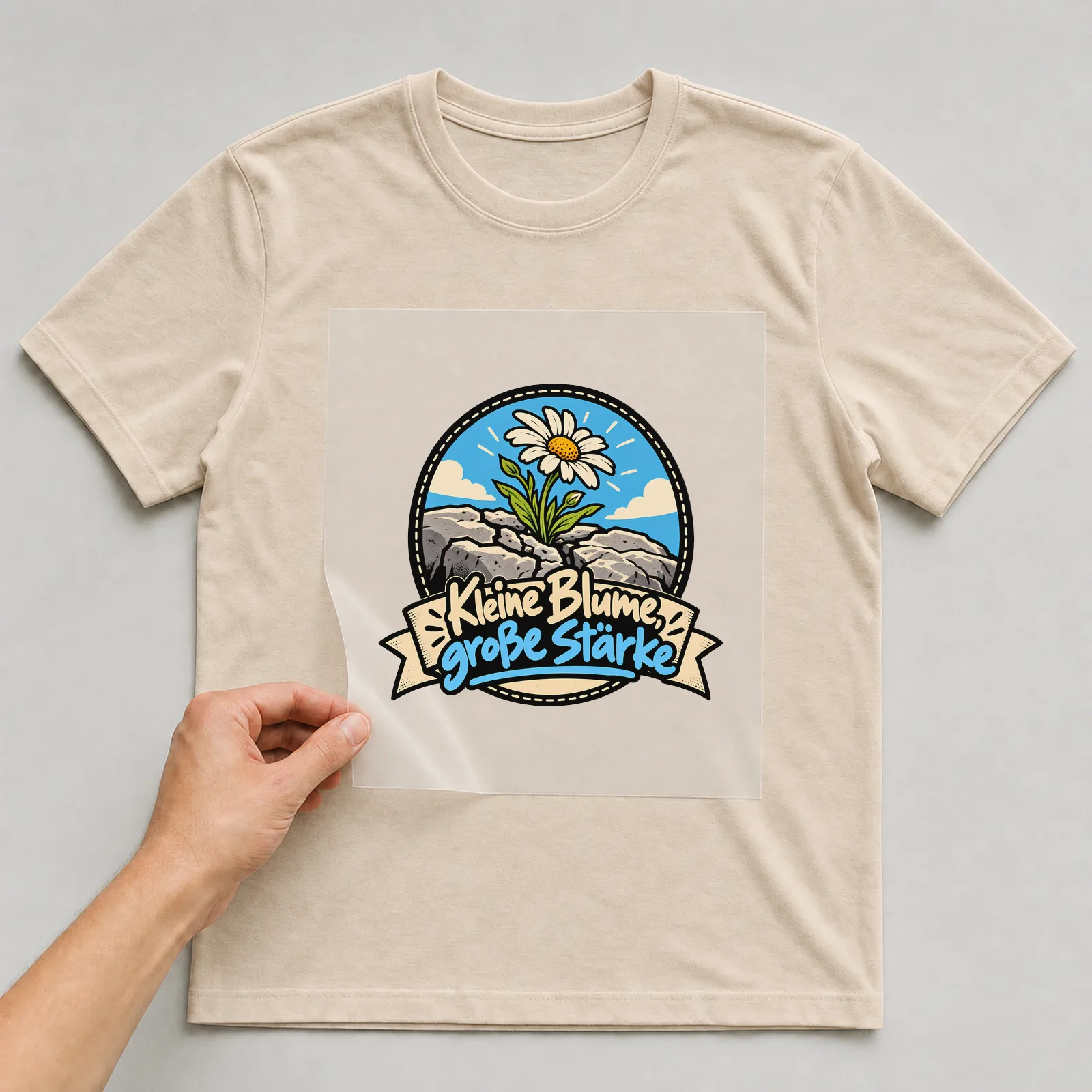 Bügelbild „Kleine Blume große Stärke“ auf beigem T-Shirt, Folie wird aufgelegt