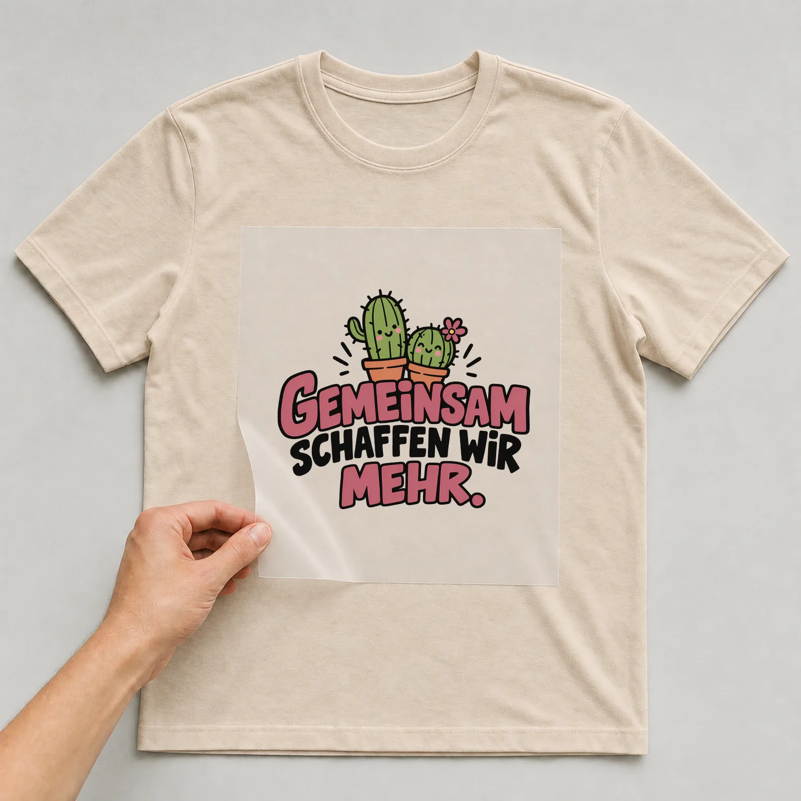 Bügelbild „Gemeinsam schaffen wir mehr“ auf beigem T-Shirt, Folie wird aufgelegt