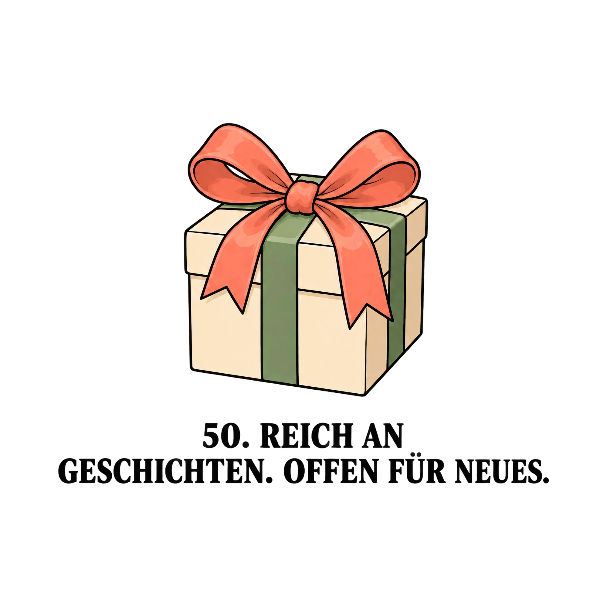 Bügelbild 50. REICH AN GESCHICHTEN. OFFEN FÜR NEUES. als Grafik auf weißem Hintergrund (BB021467)