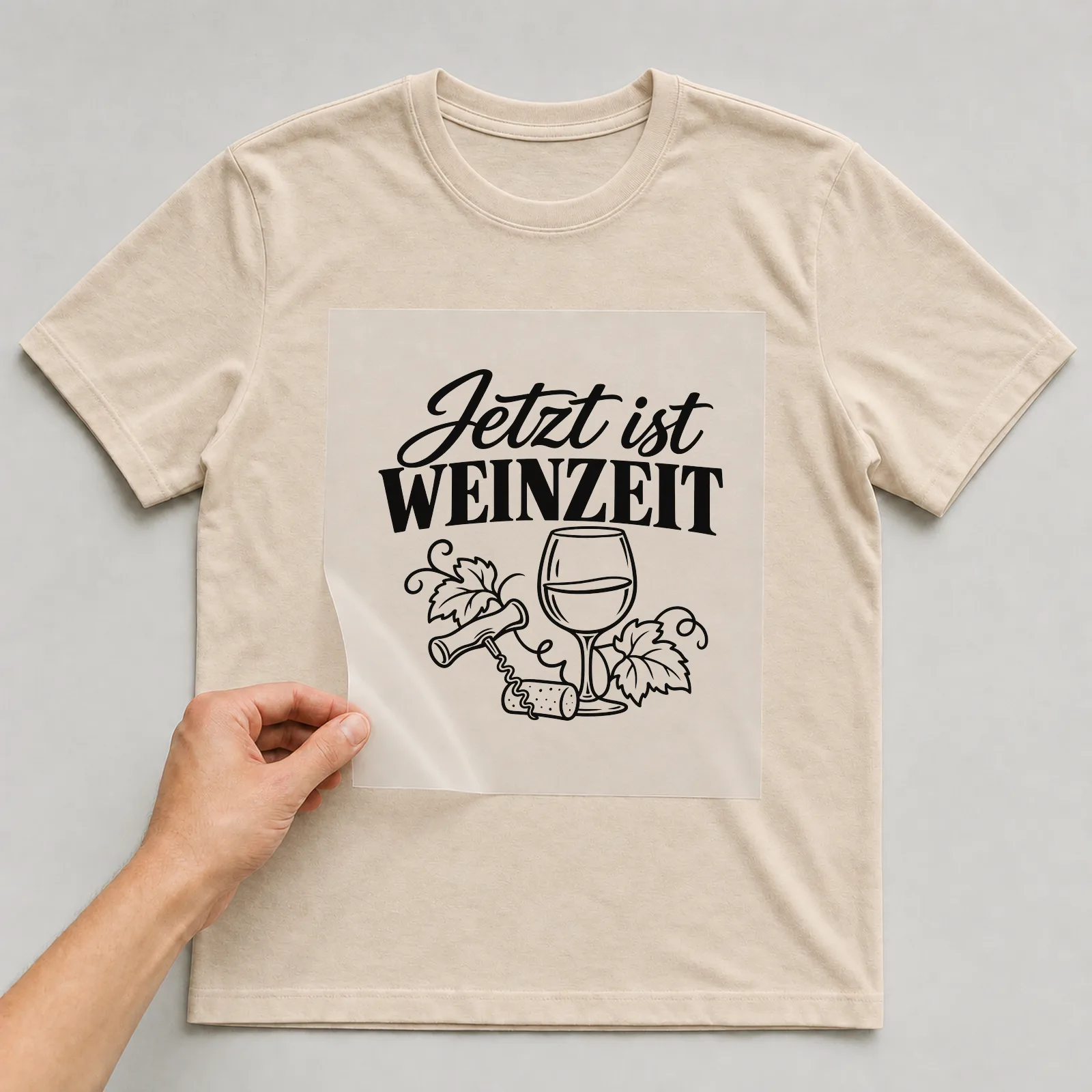 Bügelbild „Jetzt ist Weinzeit“ auf beigem T-Shirt, Folie wird aufgelegt