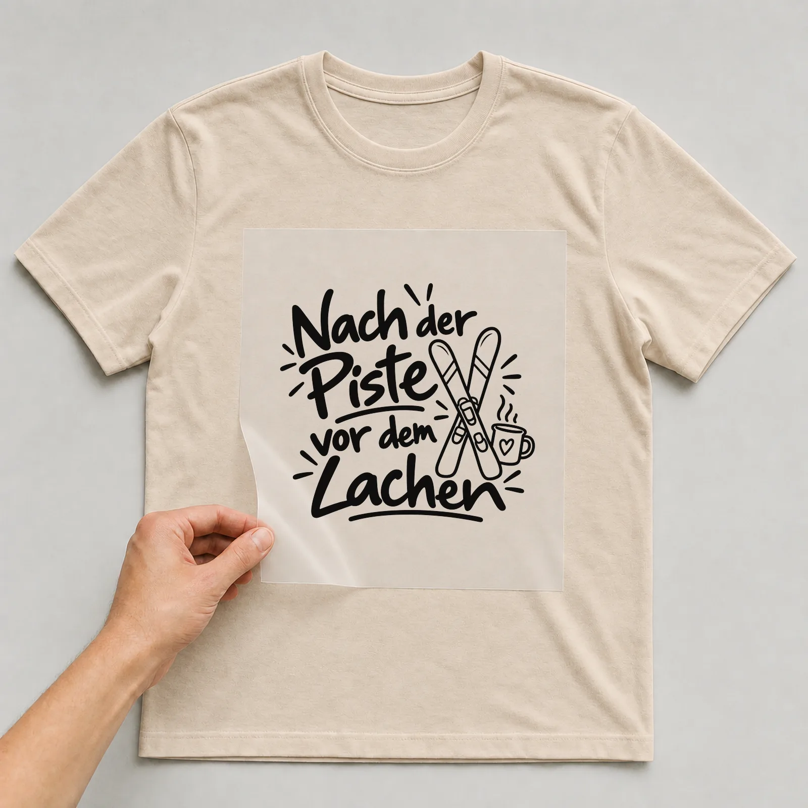 Bügelbild „Nach der Piste vor dem Lachen“ auf beigem T-Shirt, Folie wird aufgelegt