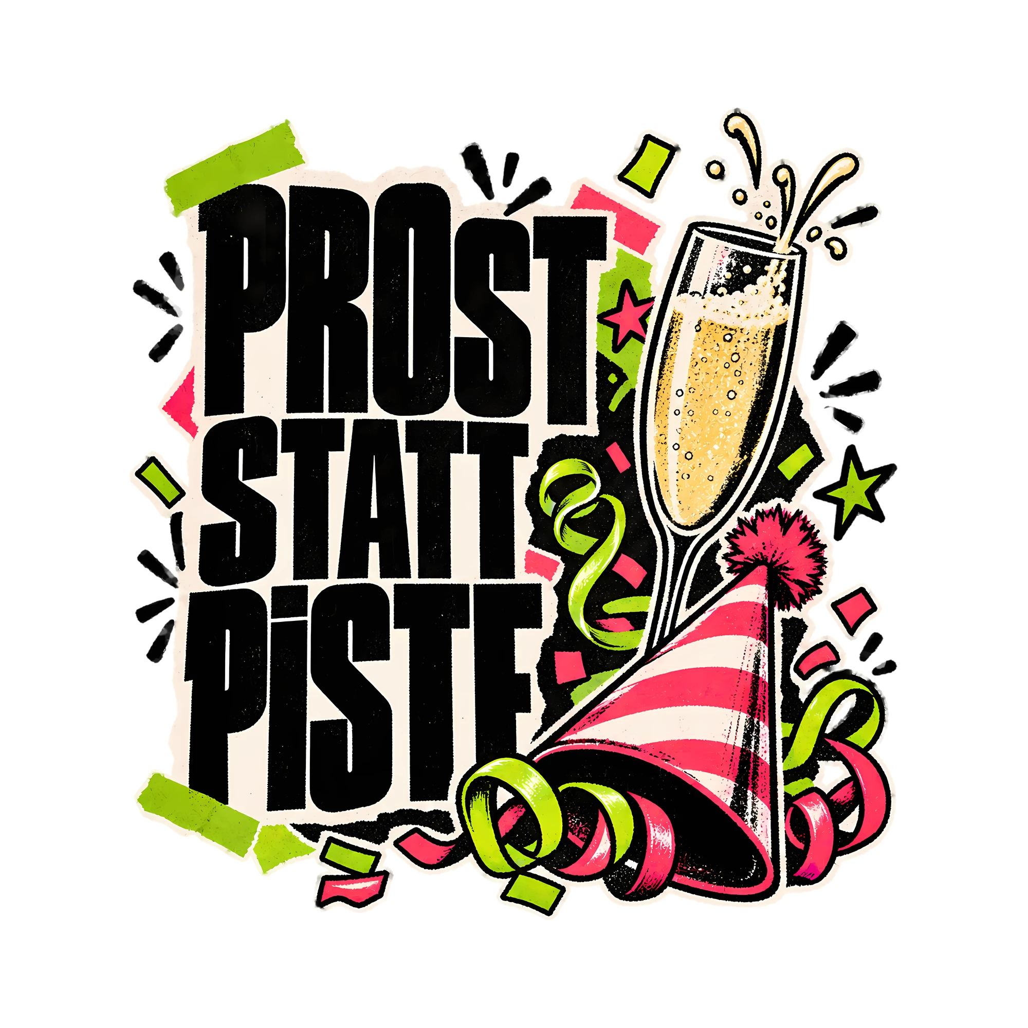 Bügelbild Prost statt Piste als Grafik auf weißem Hintergrund (BB011875)