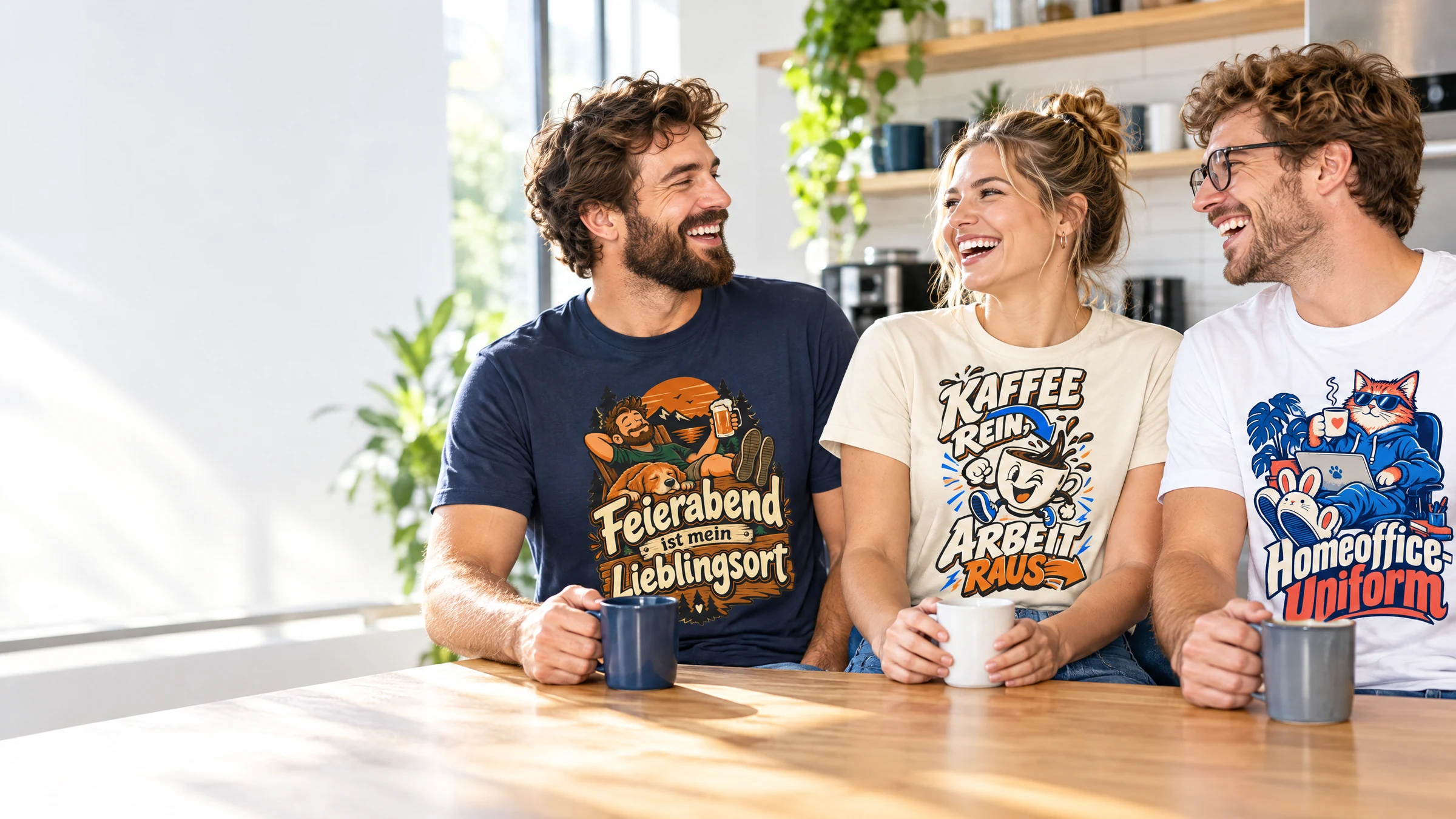 Kollegen und Firma: Kolleginnen und Kollegen im Büro mit den Bügelbild-Motiven Feierabend ist mein Lieblingsort, Kaffee rein, Arbeit raus und Homeoffice-Uniform