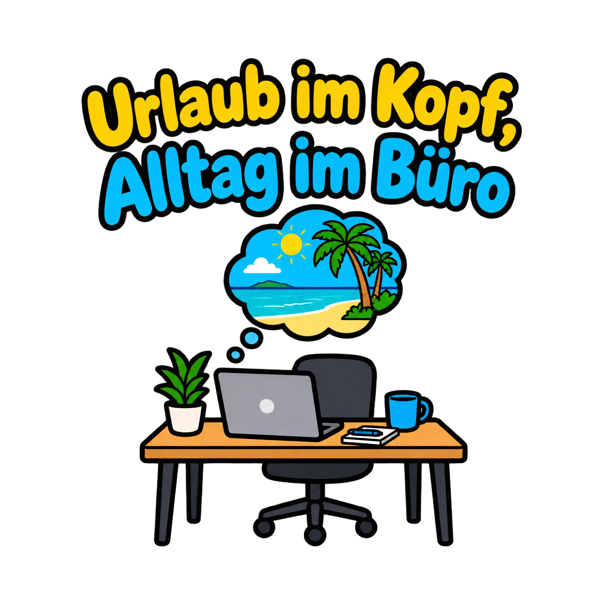 Bügelbild Urlaub im Kopf, Alltag im Büro als Grafik auf weißem Hintergrund (BB019675)