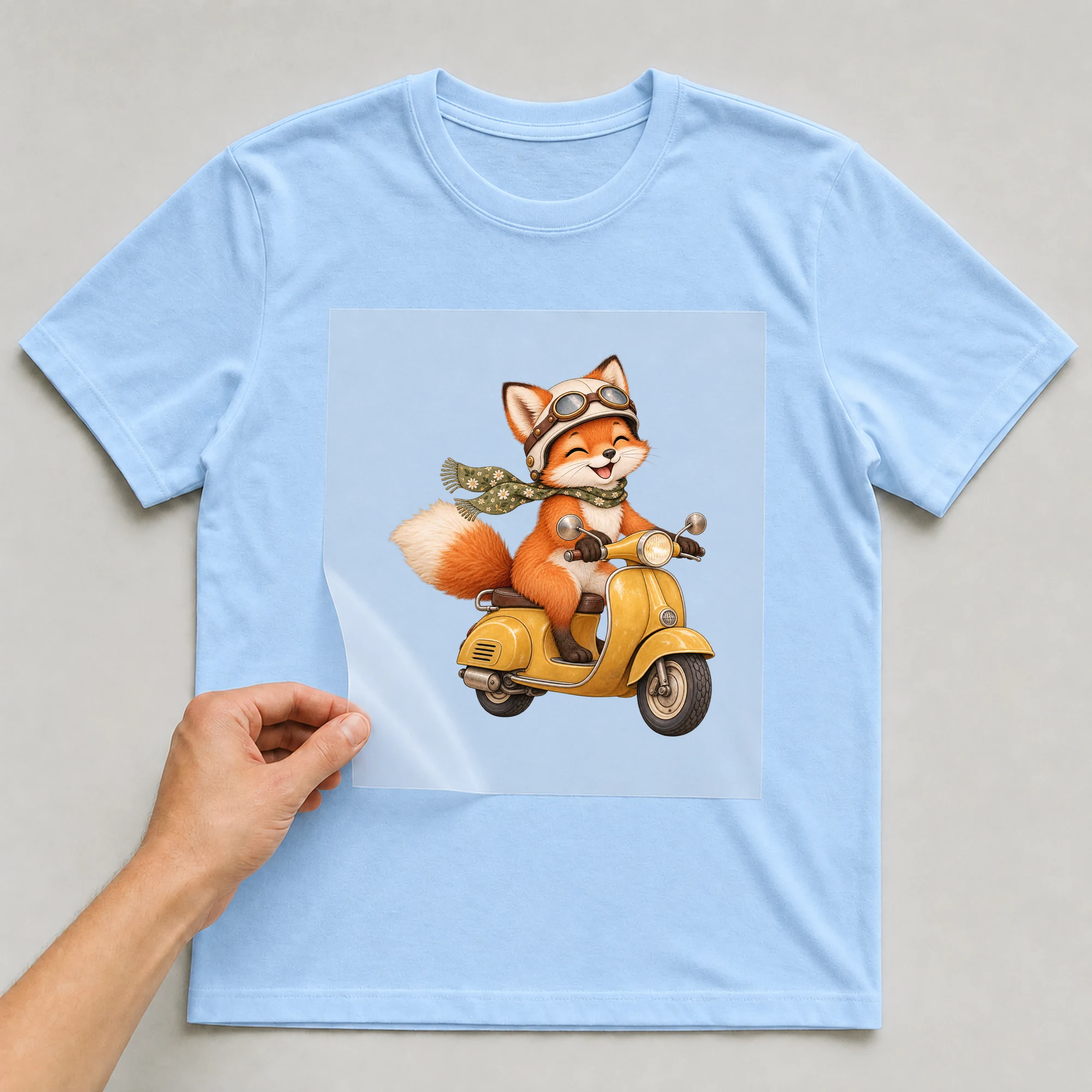 Bügelbild „Motorrad mit Fuchs“ auf babyblauem T-Shirt, Folie wird aufgelegt