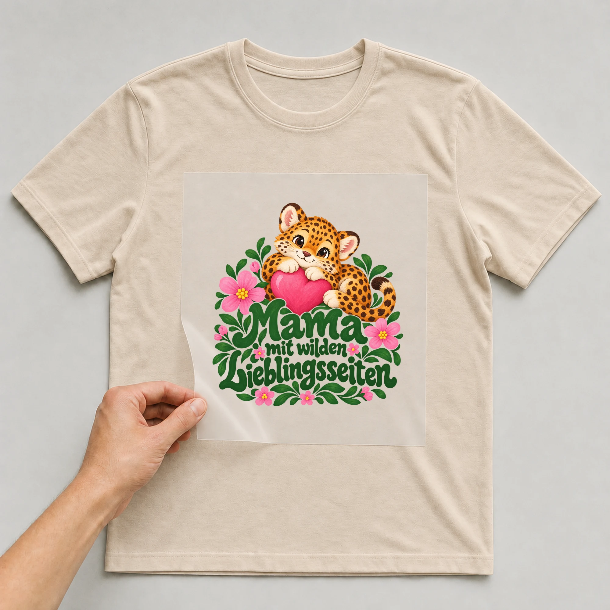 Bügelbild „Mama mit wilden Lieblingsseiten“ auf beigem T-Shirt, Folie wird aufgelegt