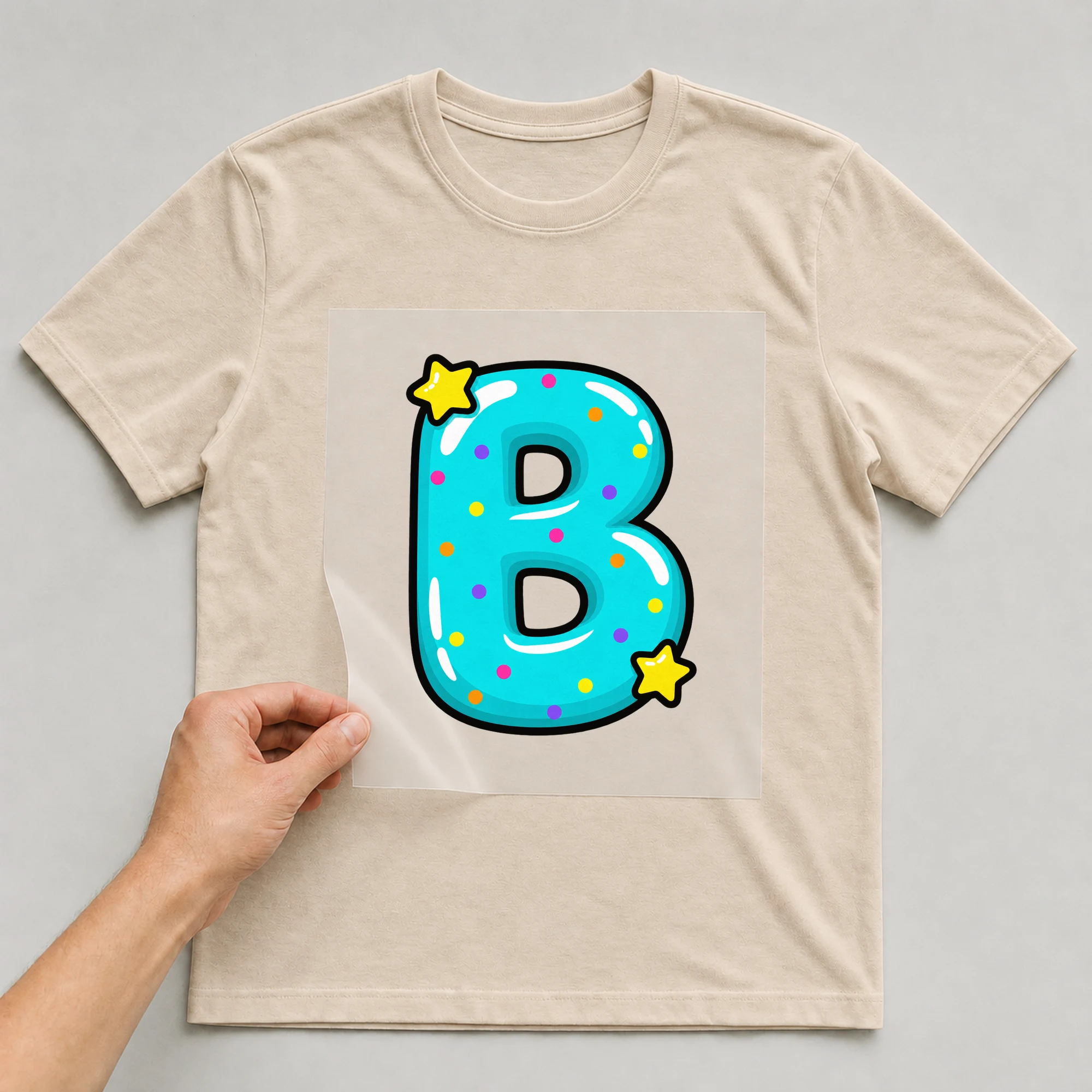 Bügelbild „Buchstabe B im Comic-Ballon-Stil“ auf beigem T-Shirt, Folie wird aufgelegt