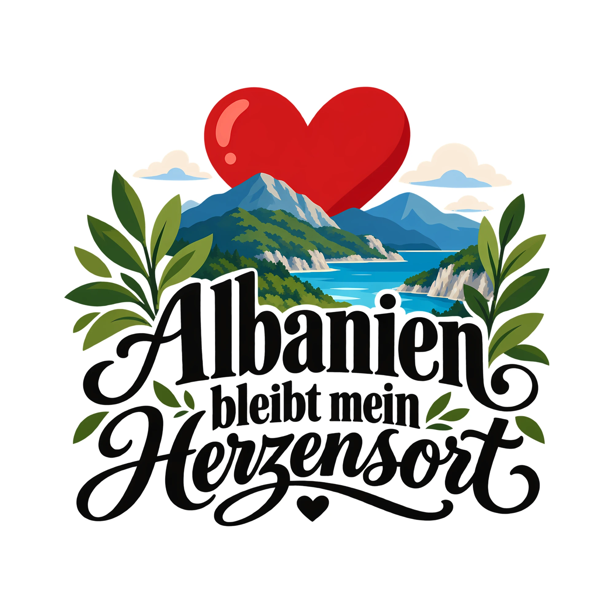 Bügelbild Albanien bleibt mein Herzensort als Grafik auf weißem Hintergrund (BB013605)