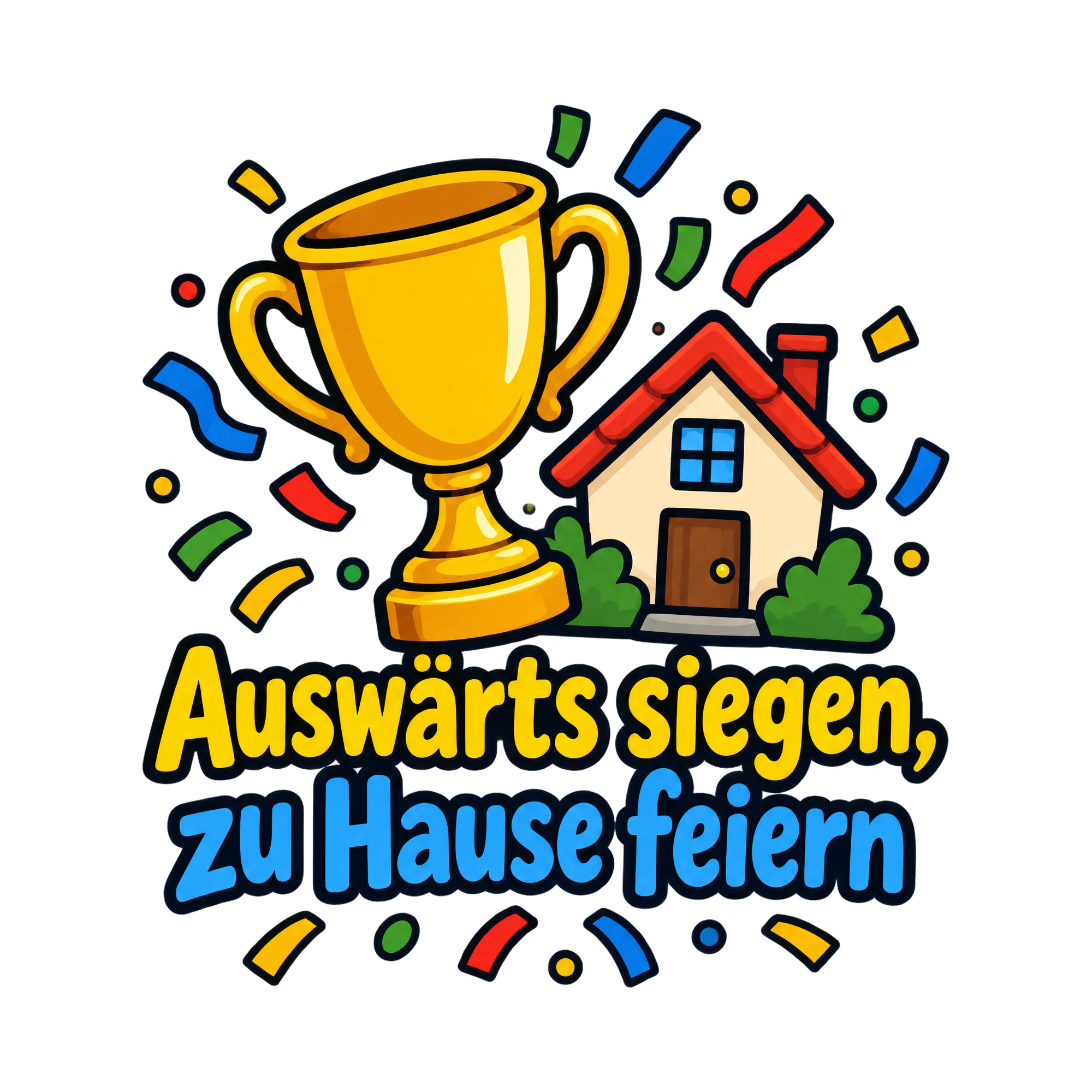 Bügelbild Auswärts siegen, zu Hause feiern, Sport Shirt Spruch als Grafik auf weißem Hintergrund (BB016668)