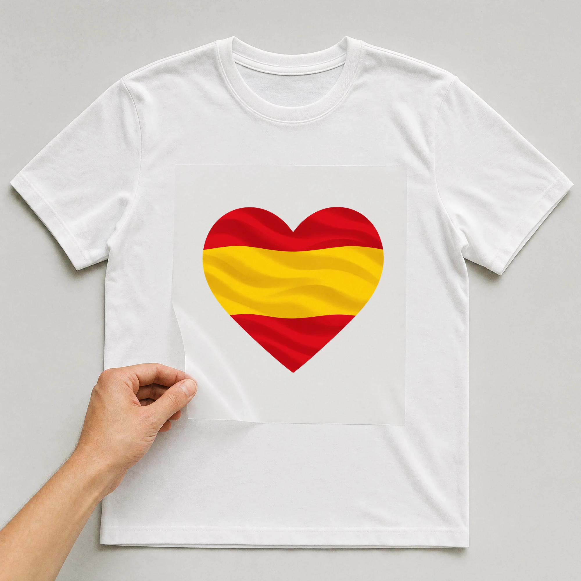 Bügelbild „Herz-Flagge Spanien“ auf weißem T-Shirt, Folie wird aufgelegt