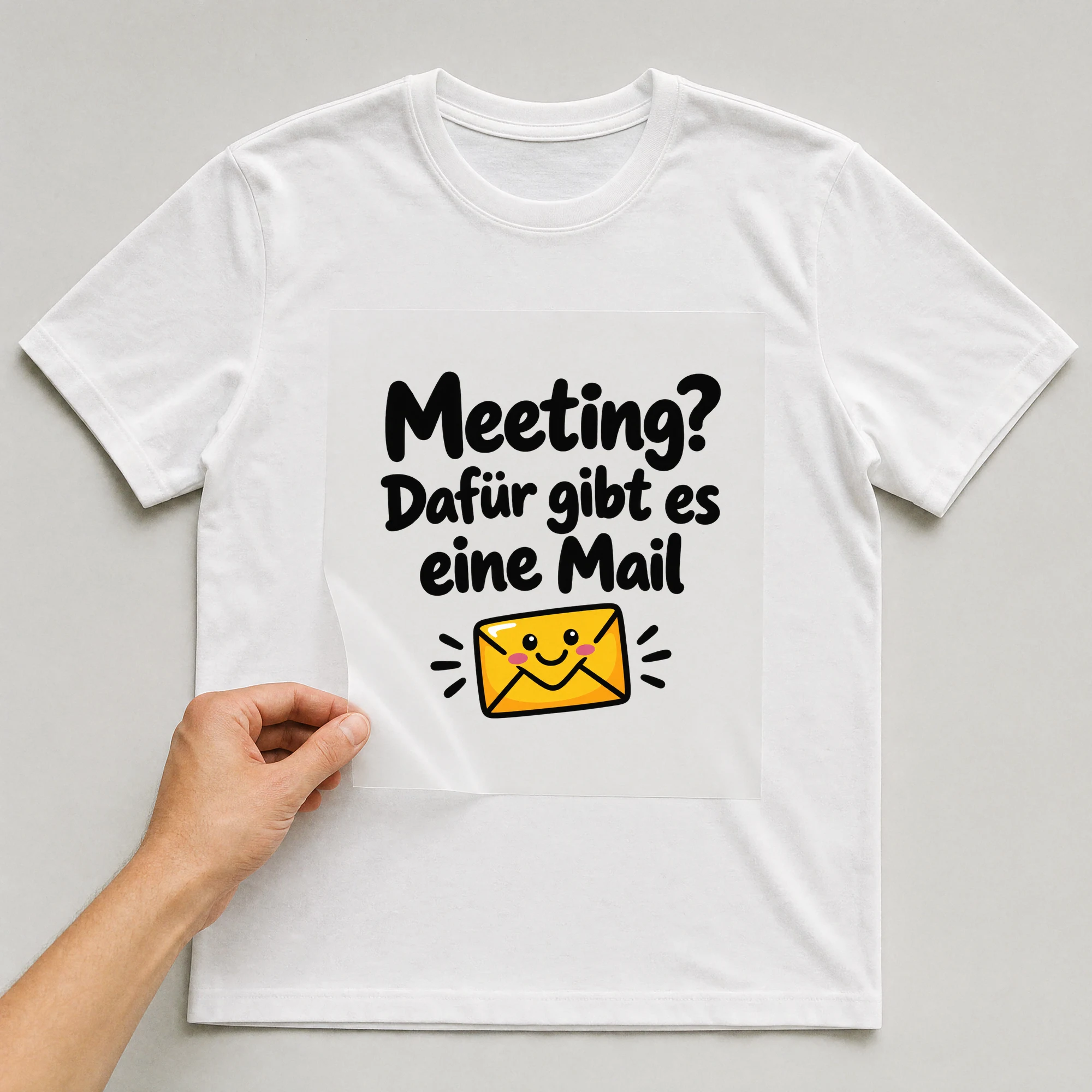 Bügelbild „Meeting? Dafür gibt es eine Mail“ auf weißem T-Shirt, Folie wird aufgelegt