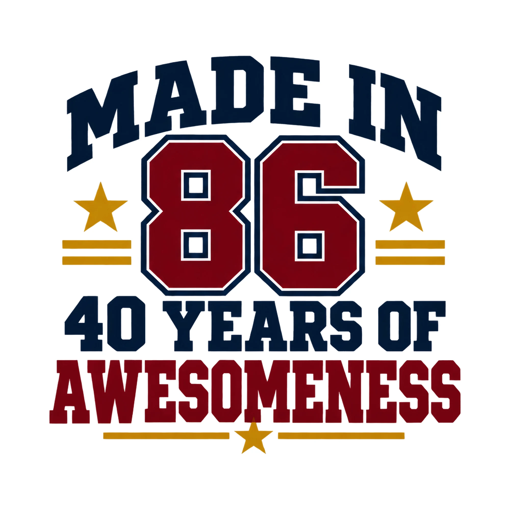 Bügelbild Made In 86 40 Years Of Awesomeness, Geburtstagsshirt Spruch als Grafik auf weißem Hintergrund (BB017599)