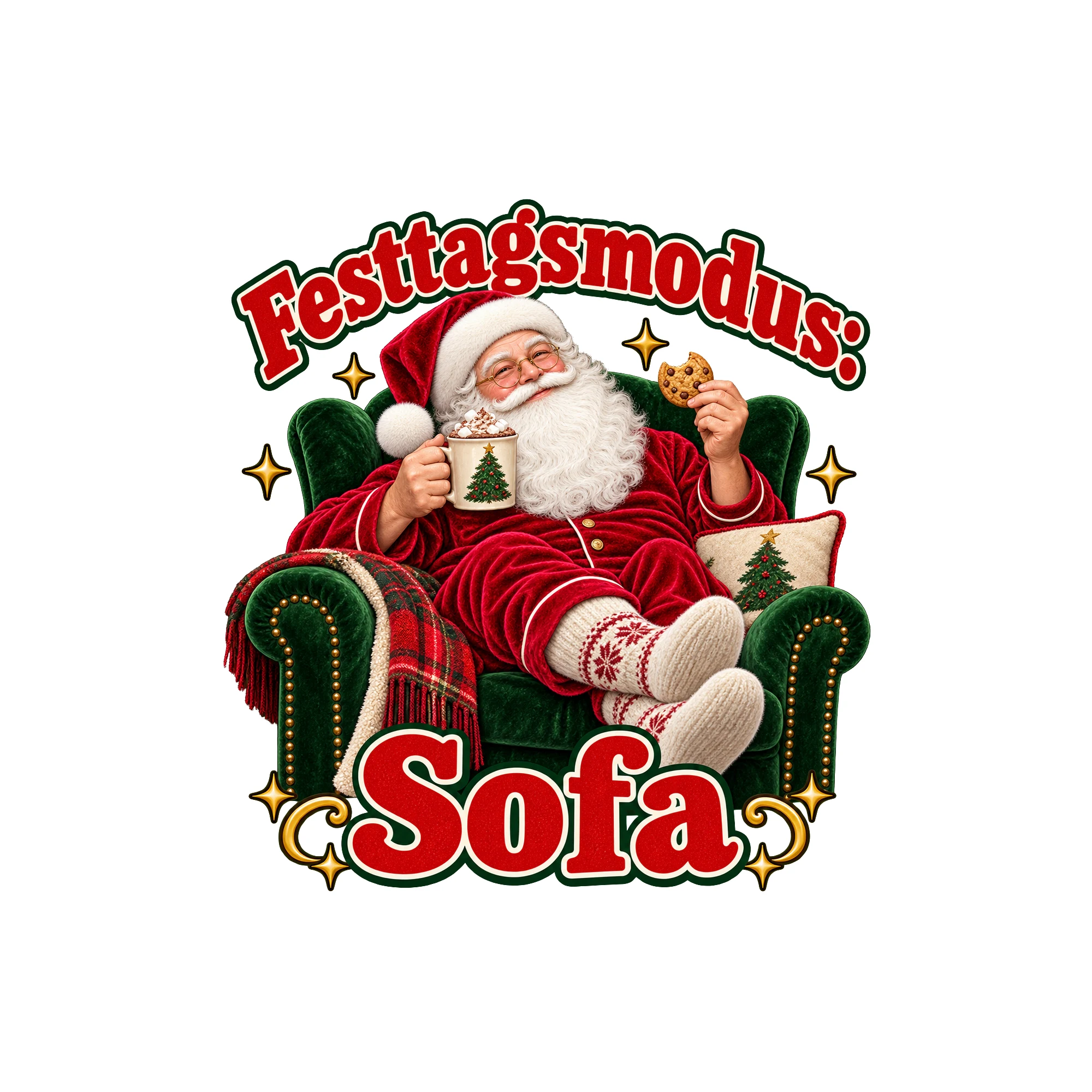 Bügelbild Festtagsmodus: Sofa (Freche Weihnachtsklassiker) als Grafik auf weißem Hintergrund (BB011375)