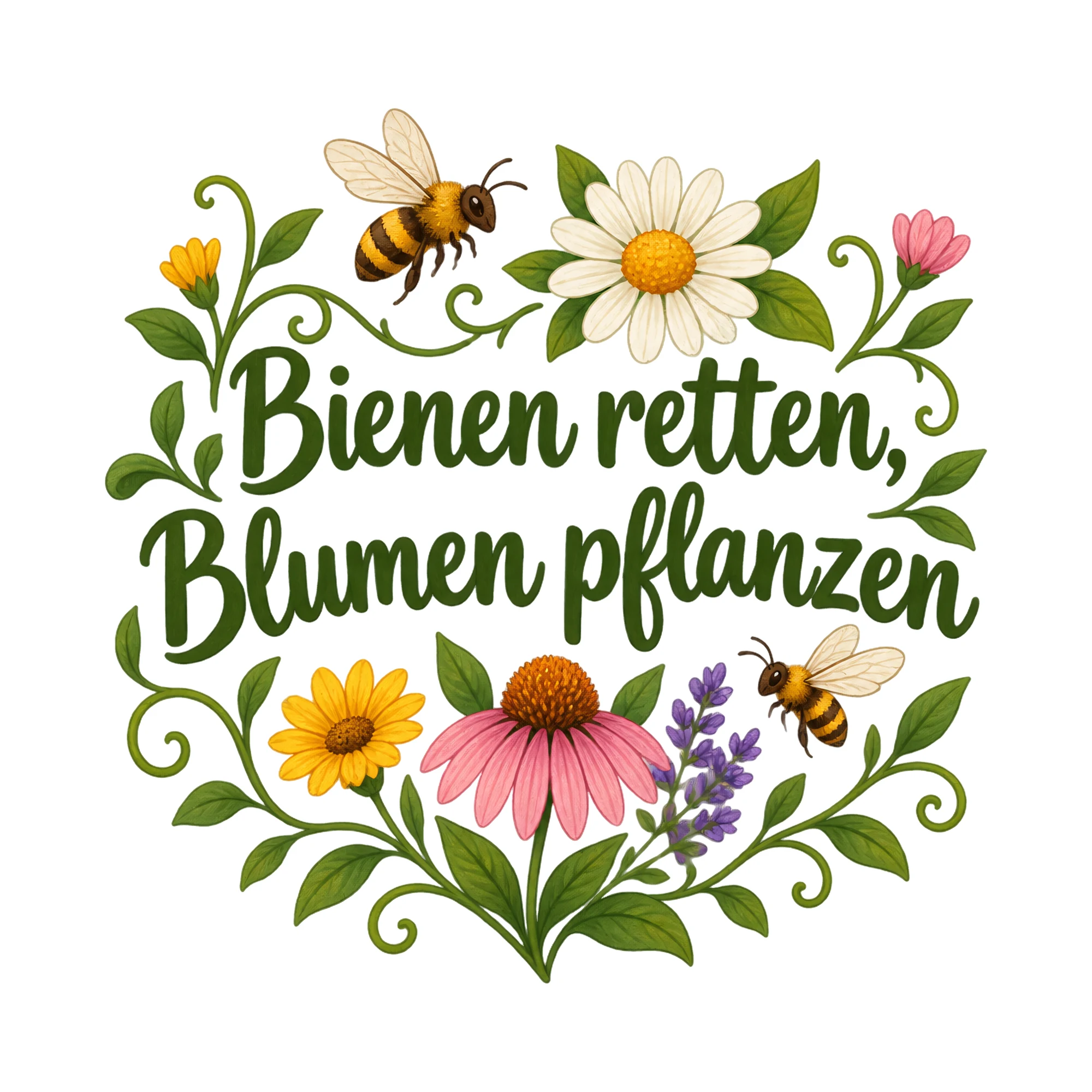 Bügelbild Bienen retten, Blumen pflanzen als Grafik auf weißem Hintergrund (BB019781)