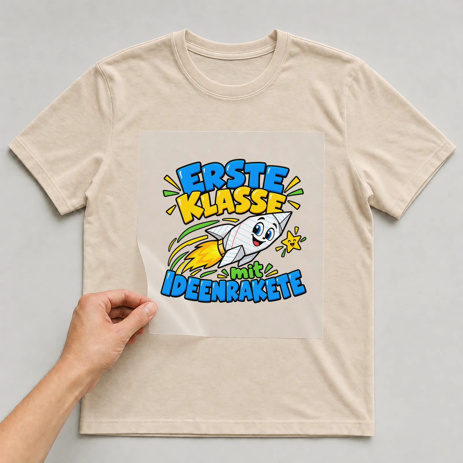 Bügelbild „Erste Klasse mit Ideenrakete“ auf beigem T-Shirt, Folie wird aufgelegt