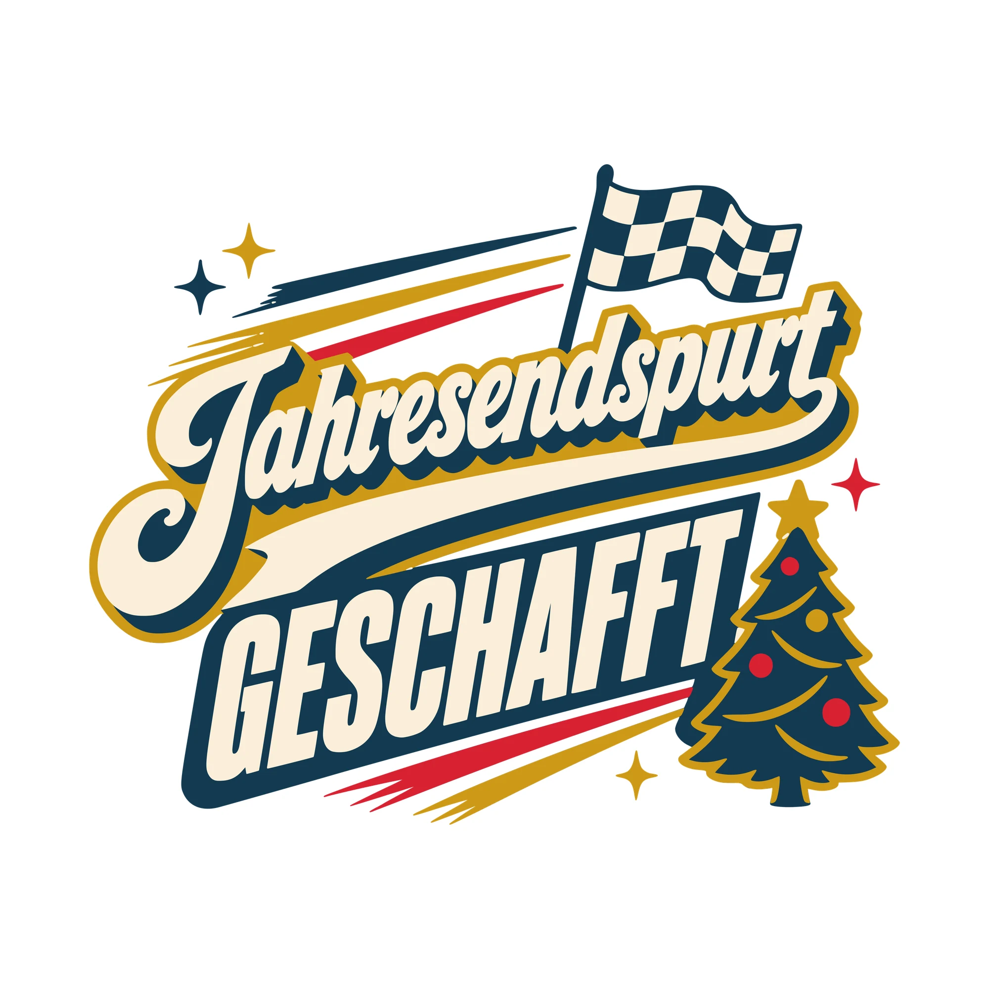 Bügelbild Jahresendspurt geschafft als Grafik auf weißem Hintergrund (BB010368)
