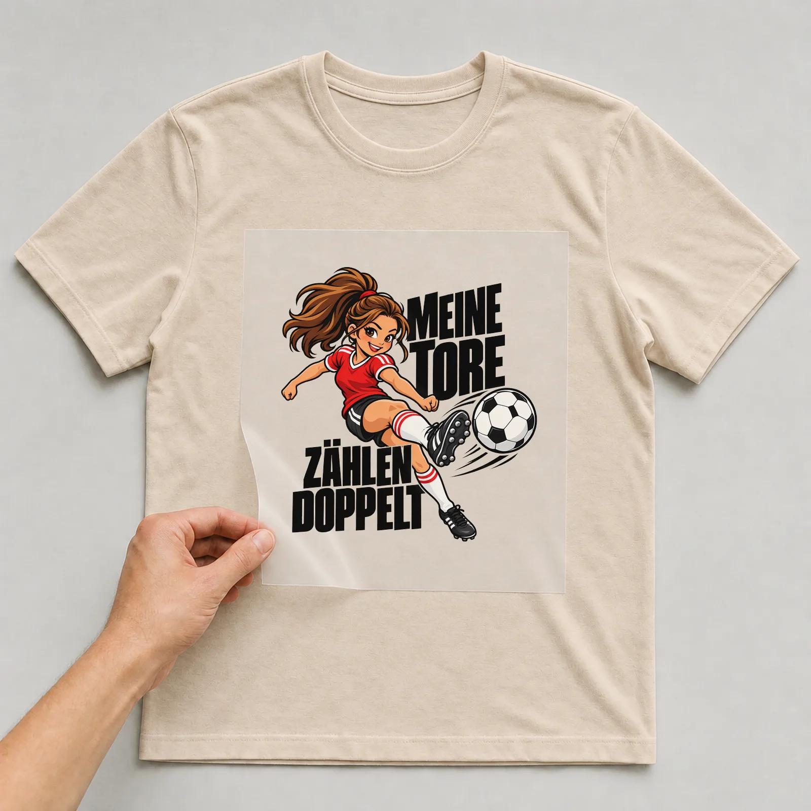 Bügelbild „Meine Tore zählen doppelt“ auf beigem T-Shirt, Folie wird aufgelegt