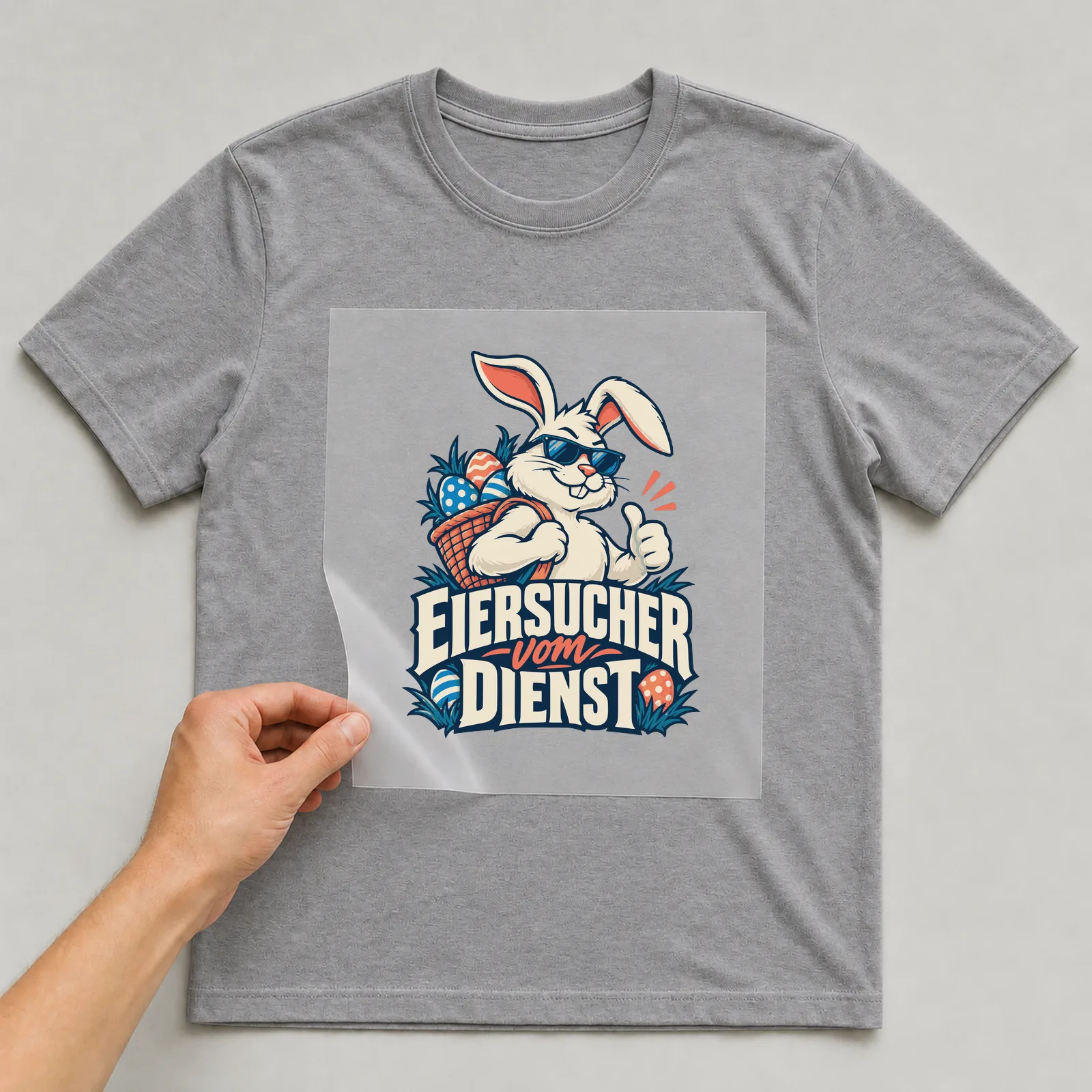 Bügelbild Eiersucher vom Dienst auf grauem T-Shirt, Folie wird aufgelegt